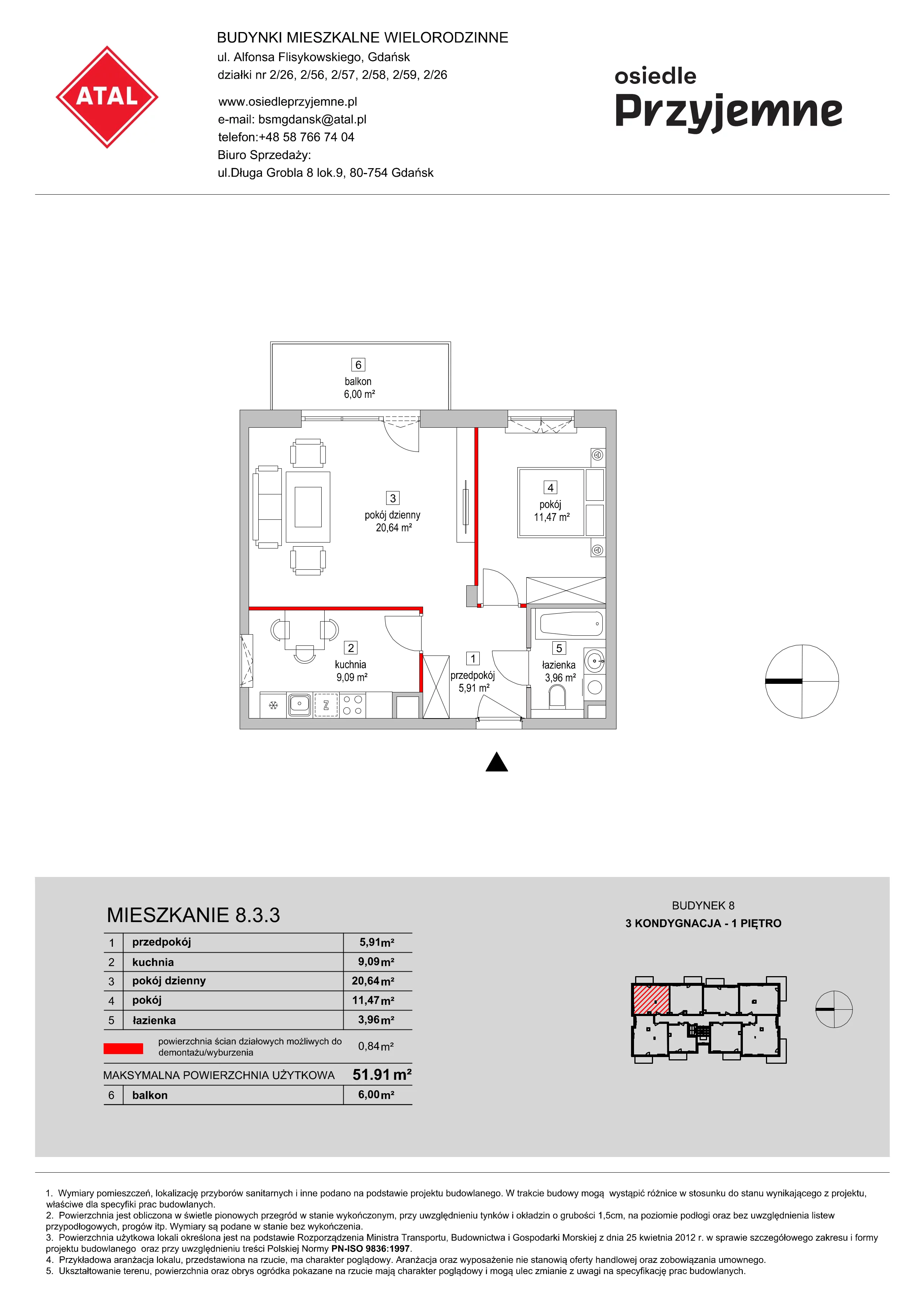 Mieszkanie 51,91 m², piętro 1, oferta nr 8.3.3, Osiedle Przyjemne - etap III, Gdańsk, Jasień, ul. Flisykowskiego