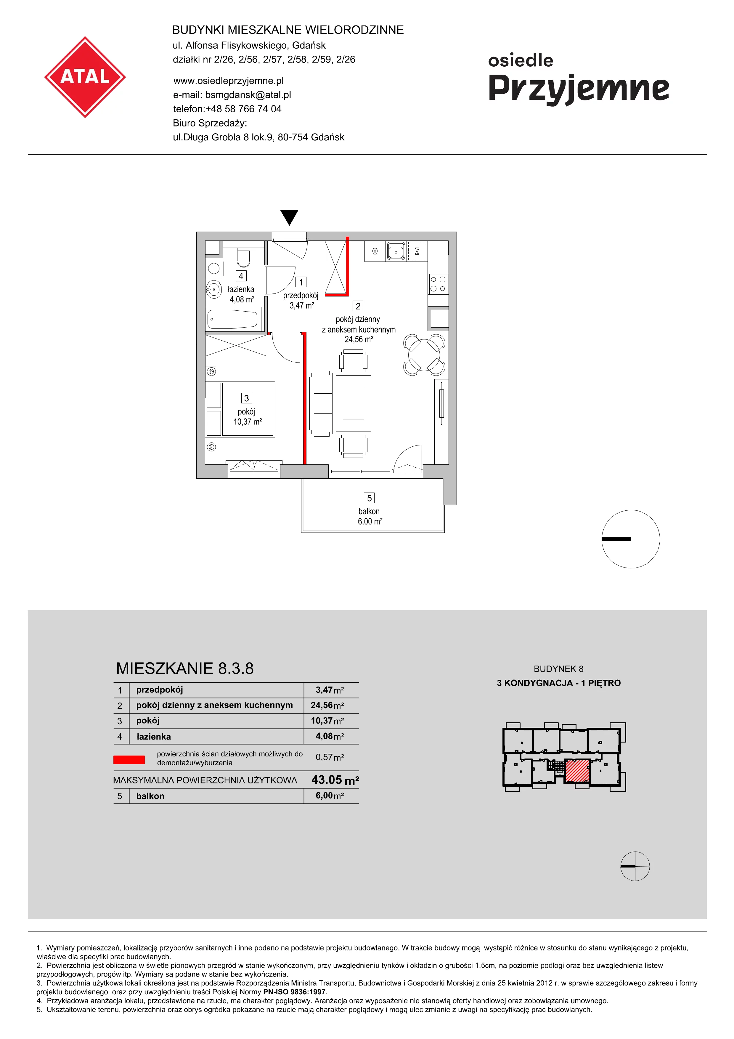 Mieszkanie 43,05 m², piętro 1, oferta nr 8.3.8, Osiedle Przyjemne - etap III, Gdańsk, Jasień, ul. Flisykowskiego