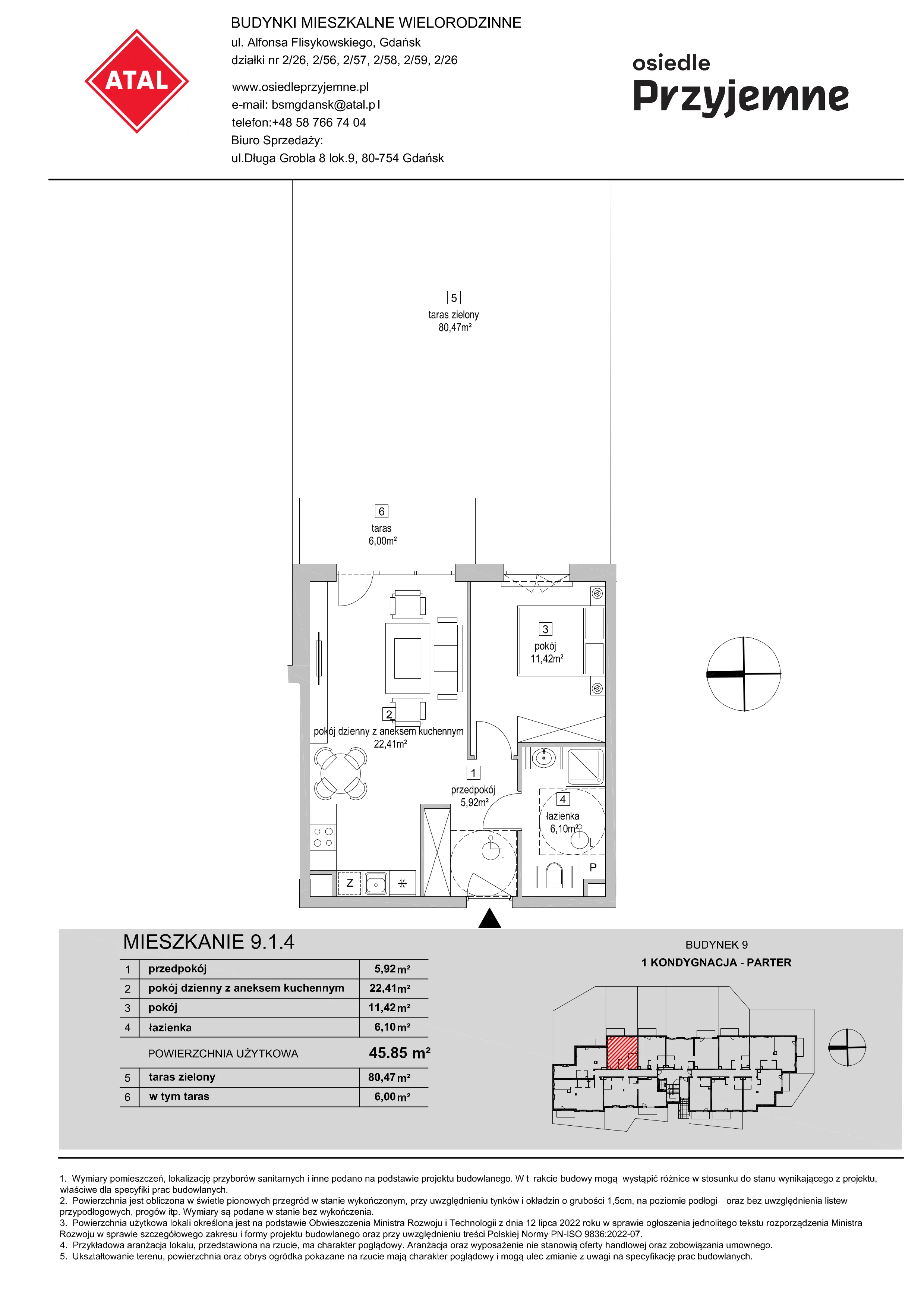 2 pokoje, mieszkanie 45,85 m², parter, oferta nr 9.1.4, Osiedle Przyjemne - etap IV, Gdańsk, Jasień, ul. Flisykowskiego