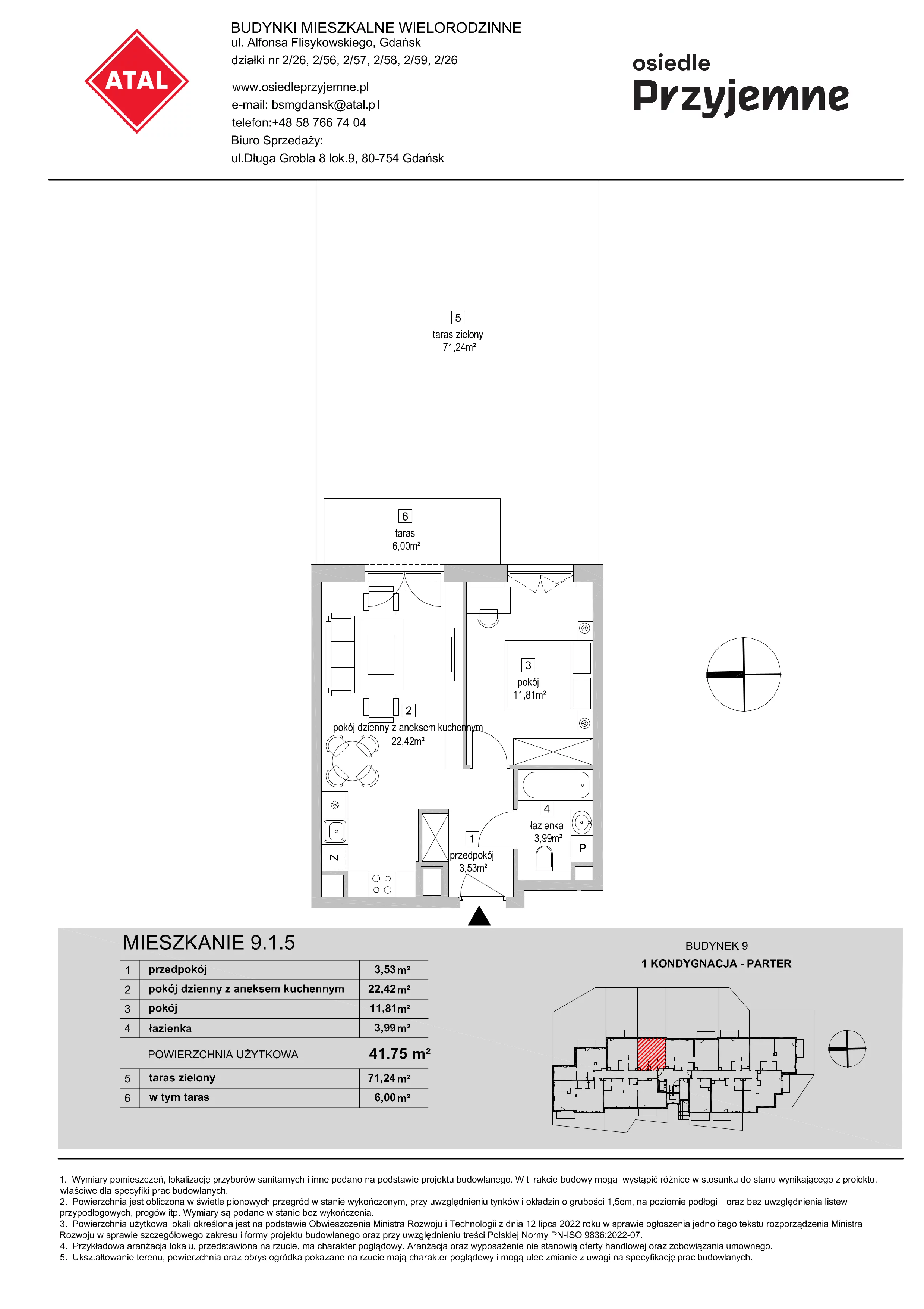 2 pokoje, mieszkanie 41,75 m², parter, oferta nr 9.1.5, Osiedle Przyjemne - etap IV, Gdańsk, Jasień, ul. Flisykowskiego