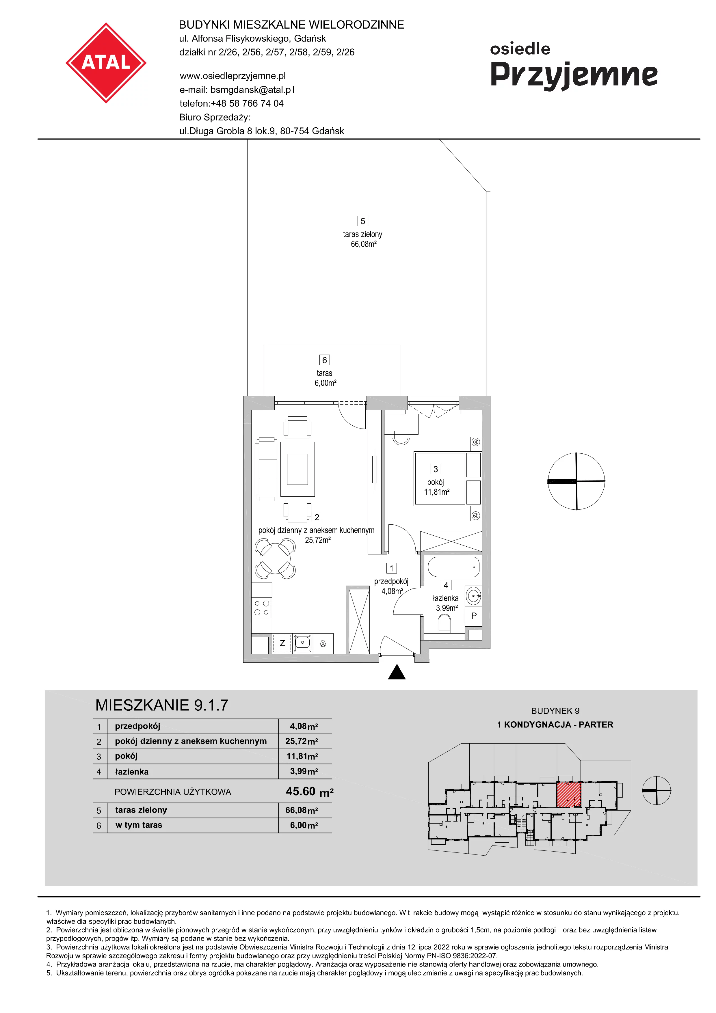 2 pokoje, mieszkanie 45,60 m², parter, oferta nr 9.1.7, Osiedle Przyjemne - etap IV, Gdańsk, Jasień, ul. Flisykowskiego