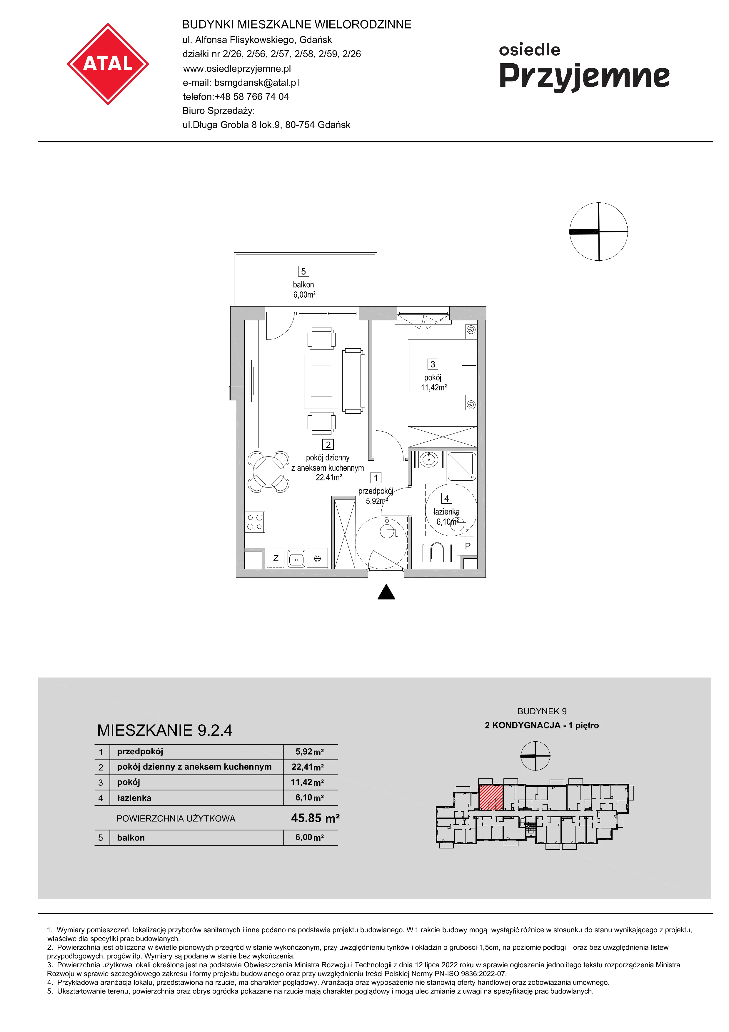 2 pokoje, mieszkanie 45,85 m², piętro 1, oferta nr 9.2.4, Osiedle Przyjemne - etap IV, Gdańsk, Jasień, ul. Flisykowskiego