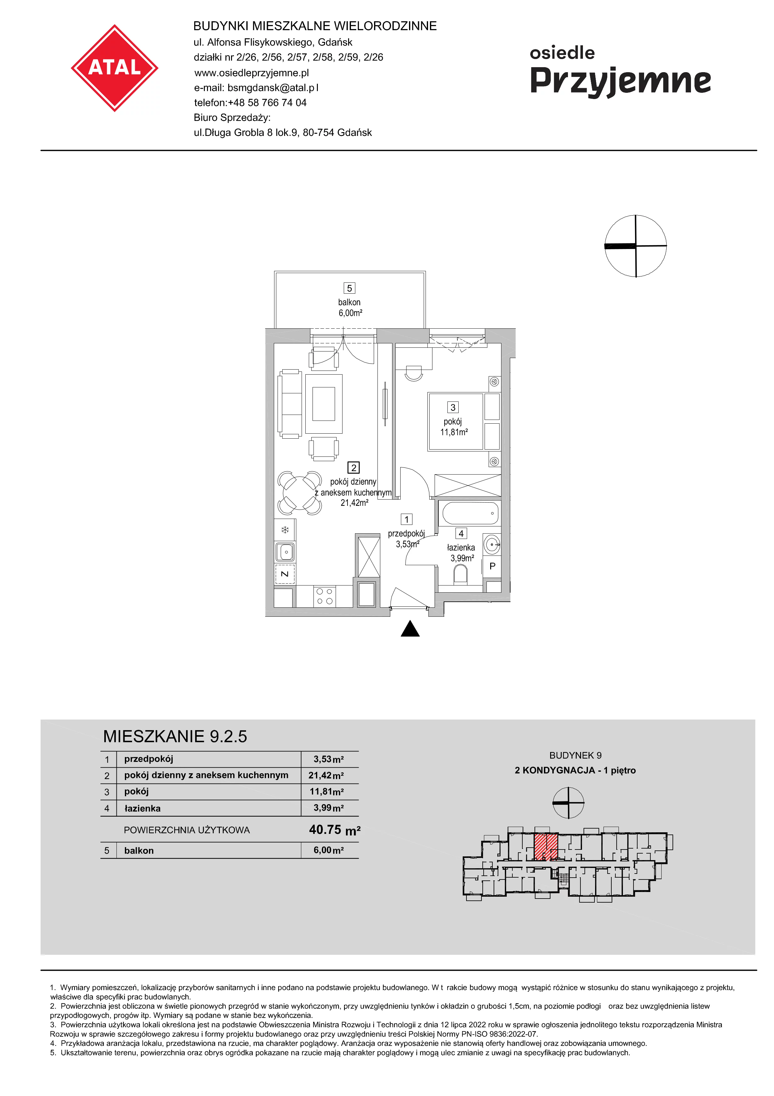 2 pokoje, mieszkanie 40,75 m², piętro 1, oferta nr 9.2.5, Osiedle Przyjemne - etap IV, Gdańsk, Jasień, ul. Flisykowskiego