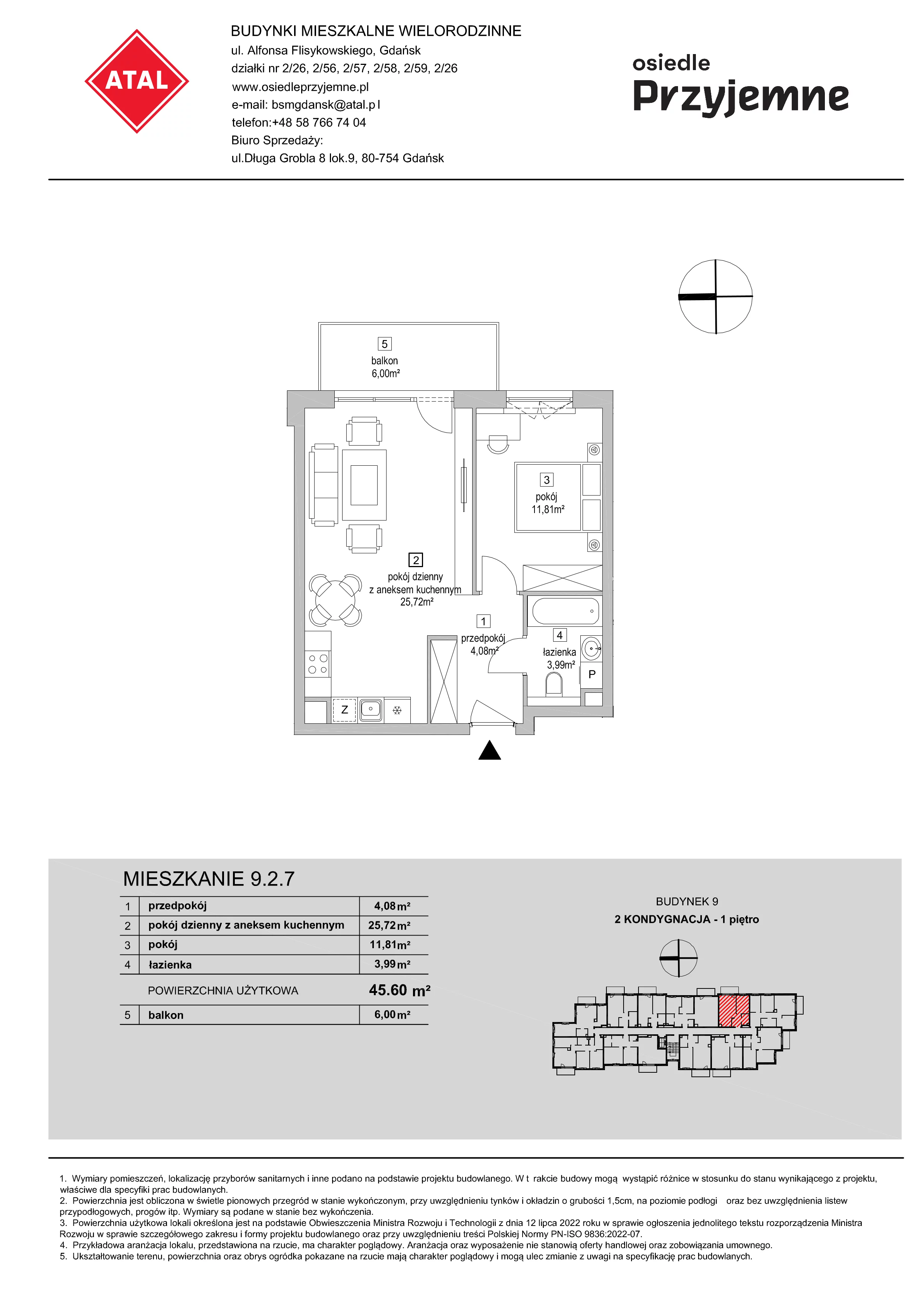 2 pokoje, mieszkanie 45,60 m², piętro 1, oferta nr 9.2.7, Osiedle Przyjemne - etap IV, Gdańsk, Jasień, ul. Flisykowskiego