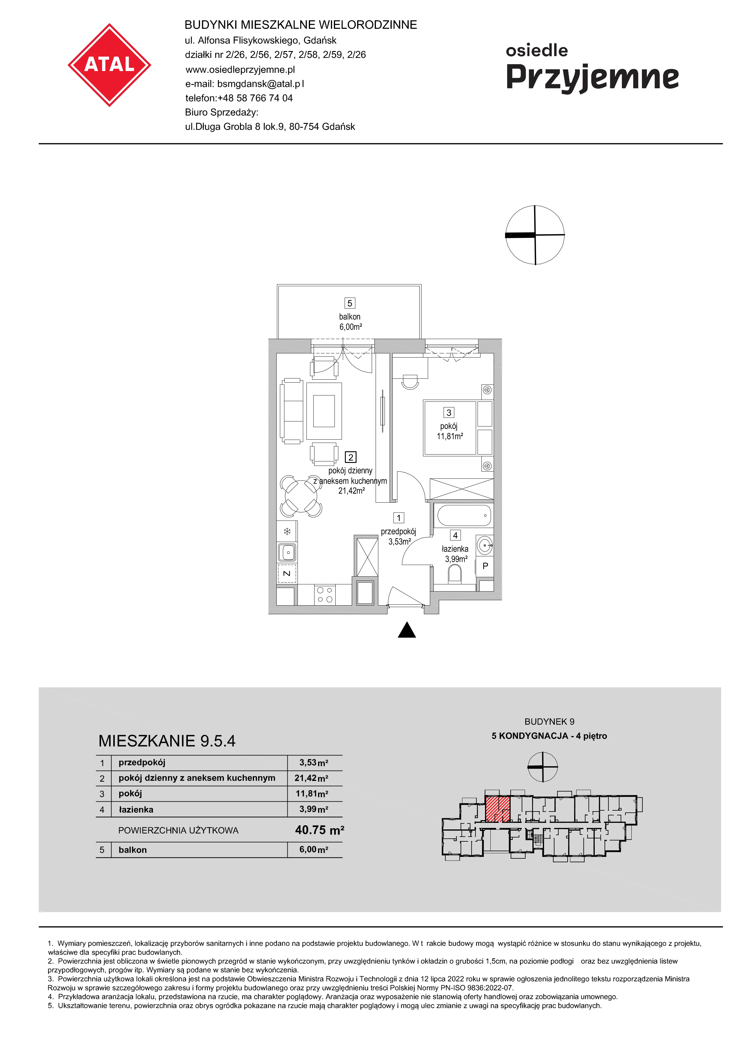 2 pokoje, mieszkanie 40,75 m², piętro 4, oferta nr 9.5.4, Osiedle Przyjemne - etap IV, Gdańsk, Jasień, ul. Flisykowskiego