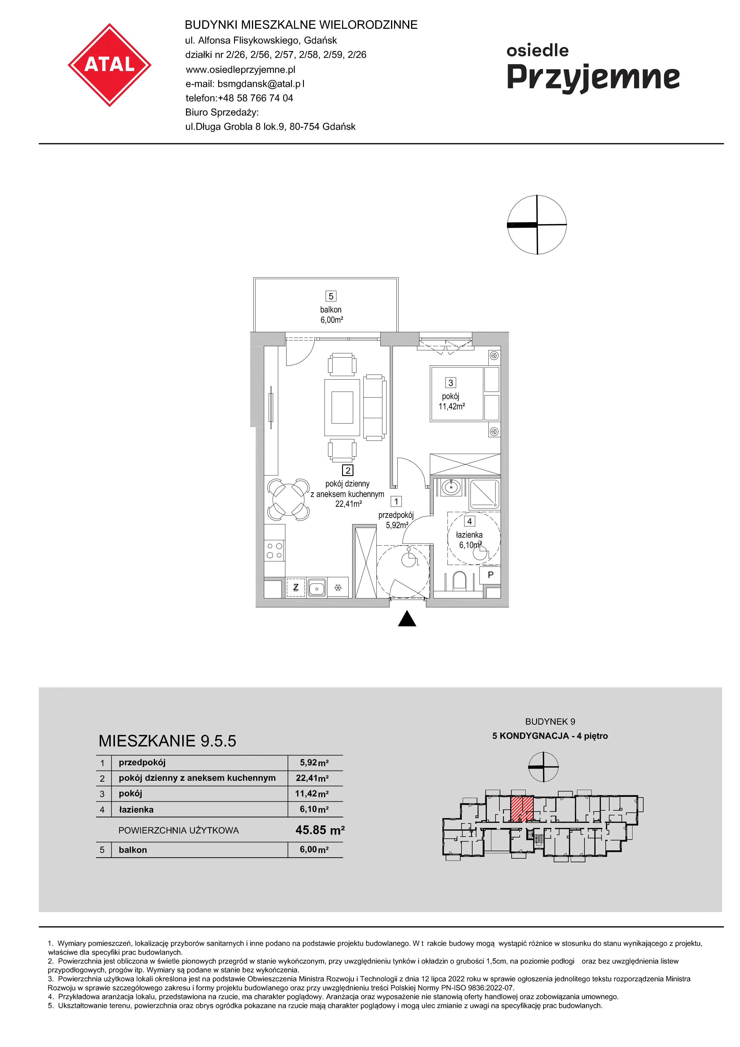 2 pokoje, mieszkanie 45,85 m², piętro 4, oferta nr 9.5.5, Osiedle Przyjemne - etap IV, Gdańsk, Jasień, ul. Flisykowskiego