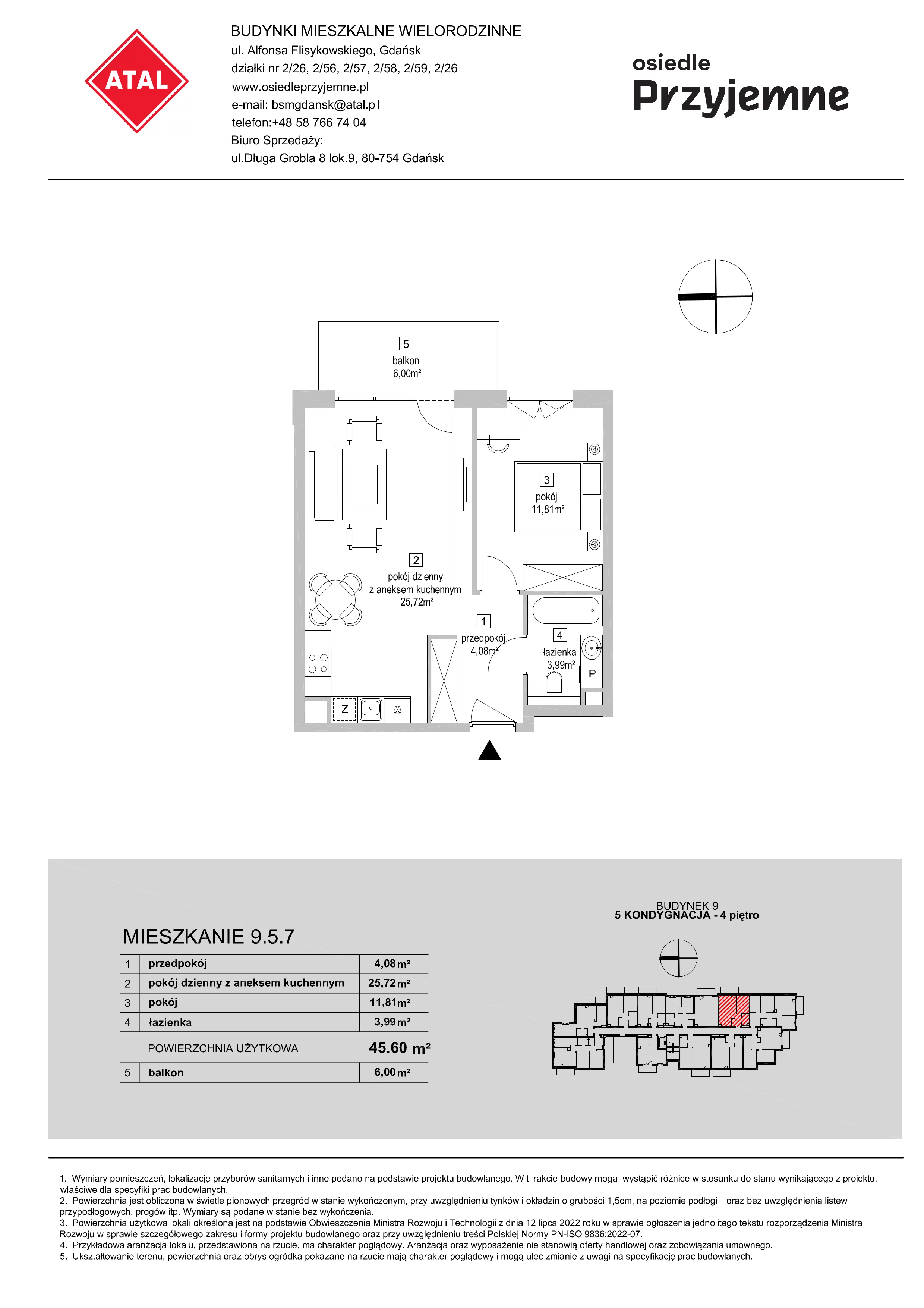 2 pokoje, mieszkanie 45,60 m², piętro 4, oferta nr 9.5.7, Osiedle Przyjemne - etap IV, Gdańsk, Jasień, ul. Flisykowskiego