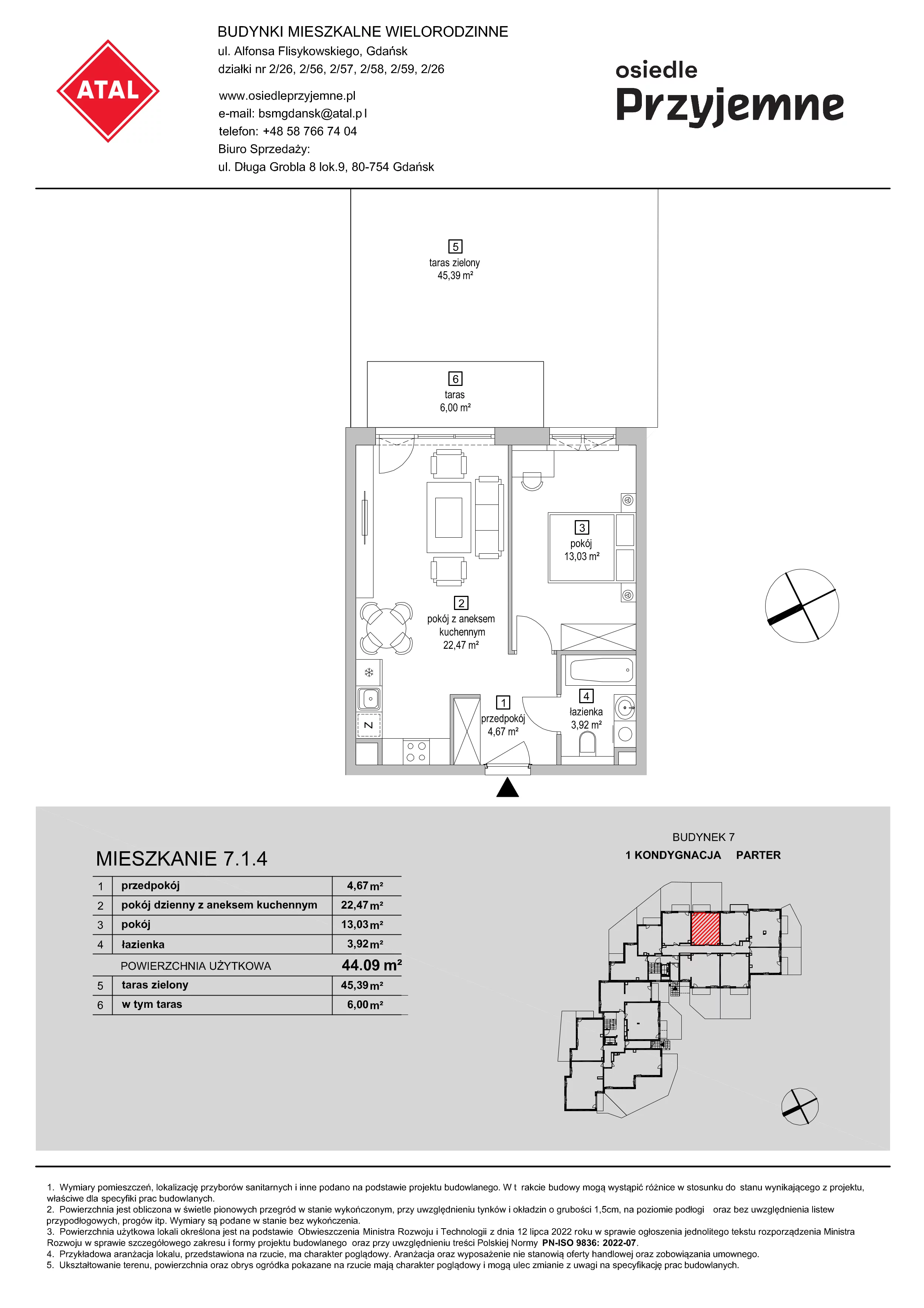 2 pokoje, mieszkanie 44,09 m², parter, oferta nr 7.1.4, Osiedle Przyjemne - etap IV, Gdańsk, Jasień, ul. Flisykowskiego