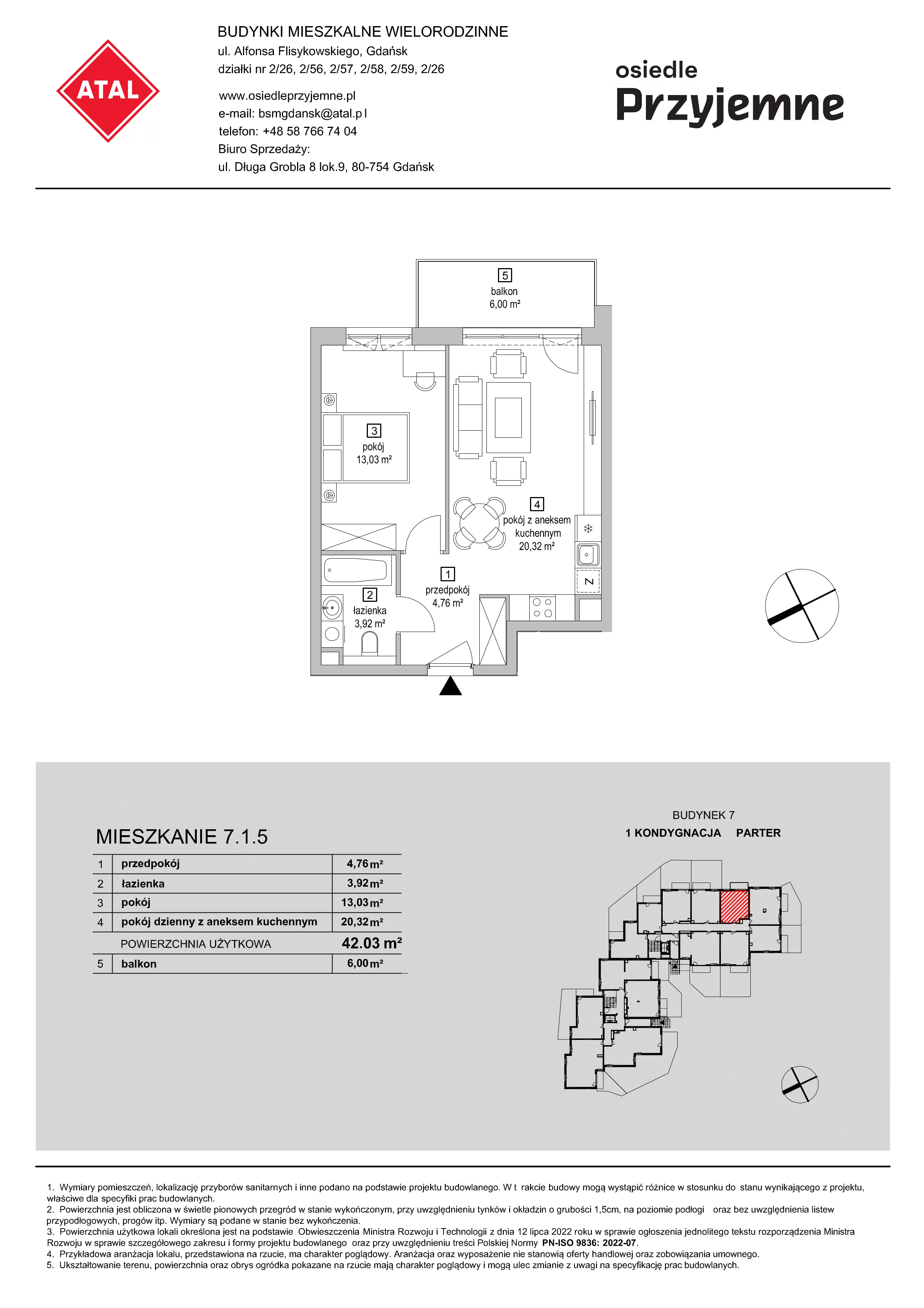 2 pokoje, mieszkanie 42,03 m², parter, oferta nr 7.1.5, Osiedle Przyjemne - etap IV, Gdańsk, Jasień, ul. Flisykowskiego