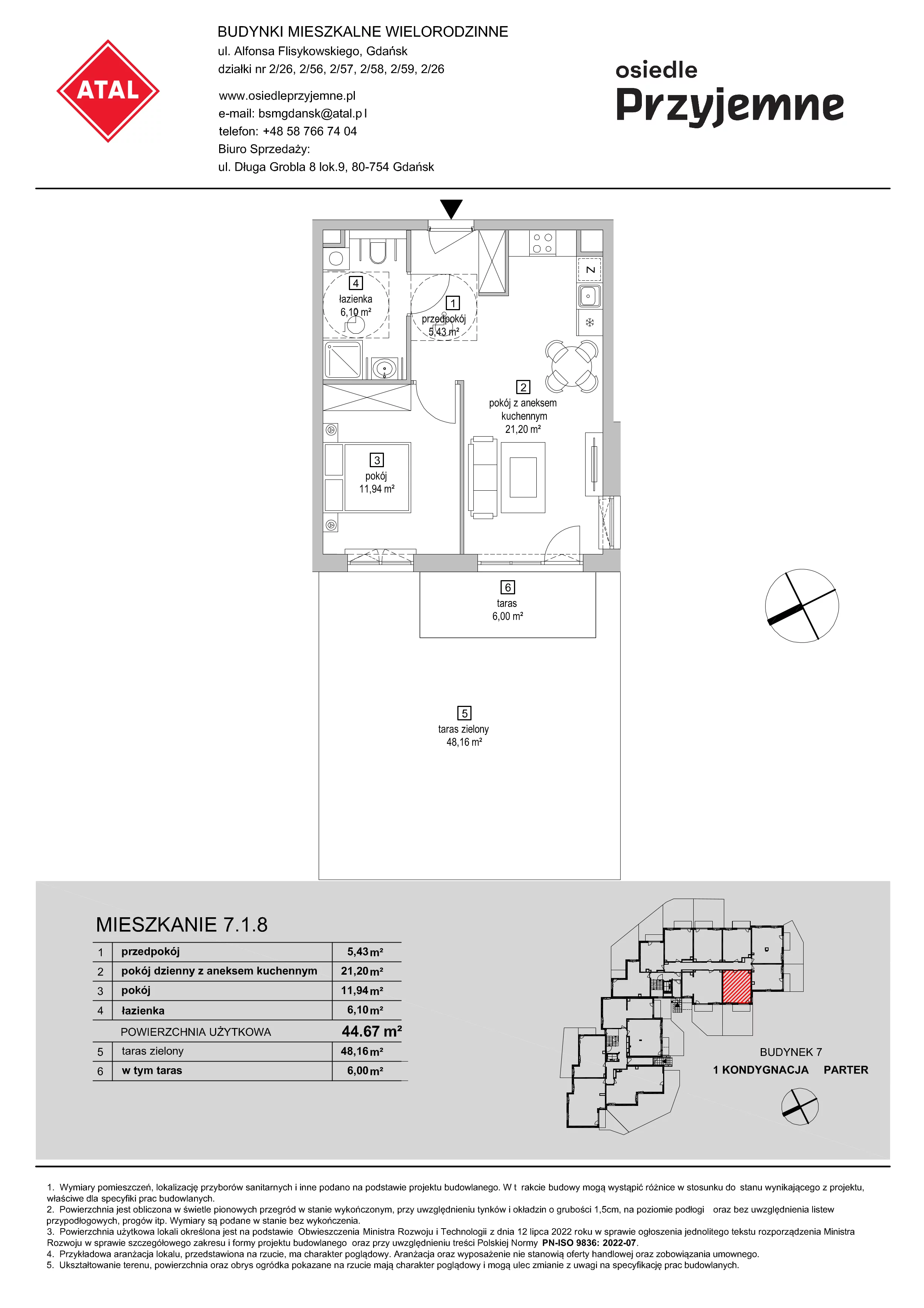 2 pokoje, mieszkanie 44,67 m², parter, oferta nr 7.1.8, Osiedle Przyjemne - etap IV, Gdańsk, Jasień, ul. Flisykowskiego