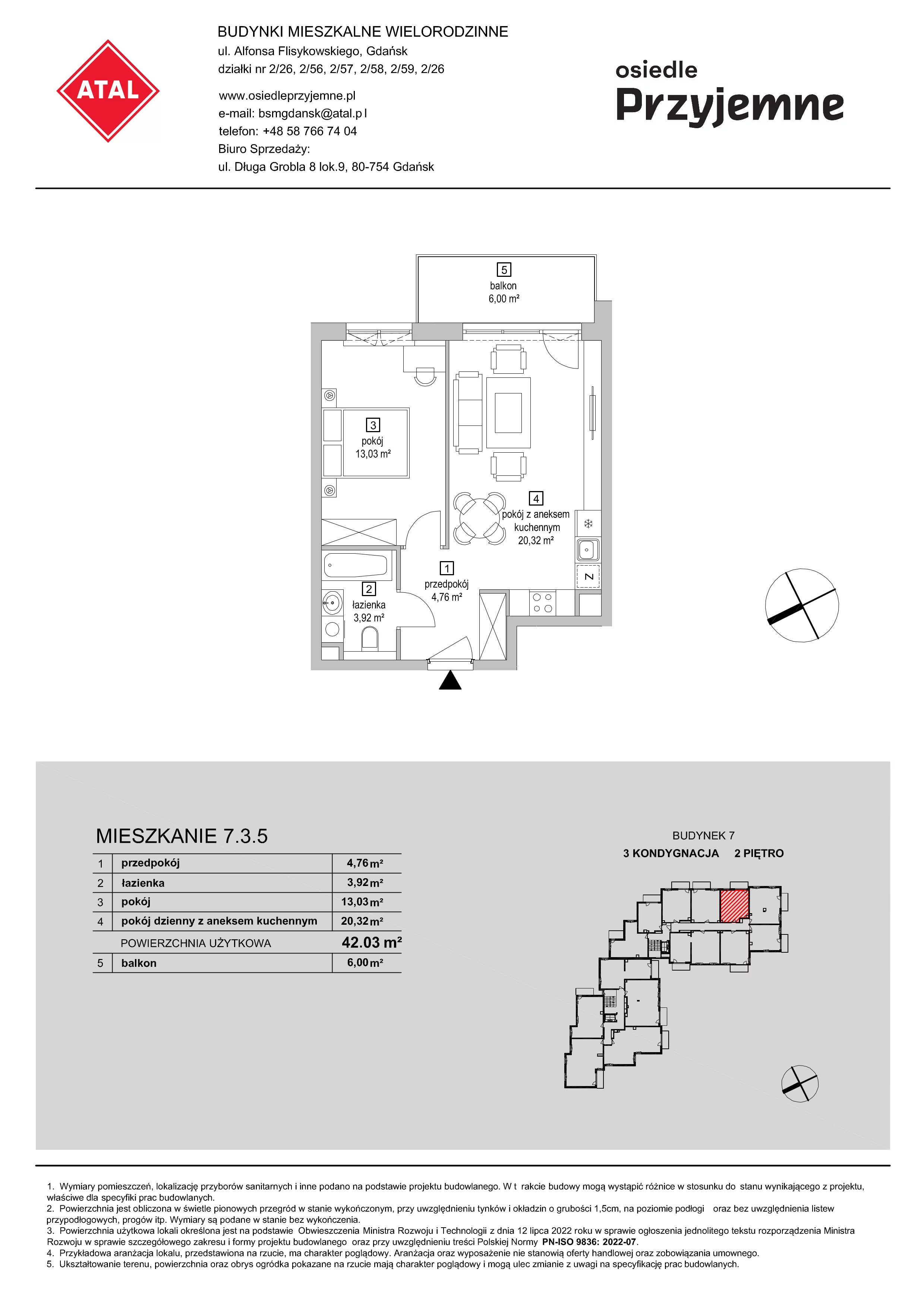 2 pokoje, mieszkanie 42,03 m², piętro 2, oferta nr 7.3.5, Osiedle Przyjemne - etap IV, Gdańsk, Jasień, ul. Flisykowskiego