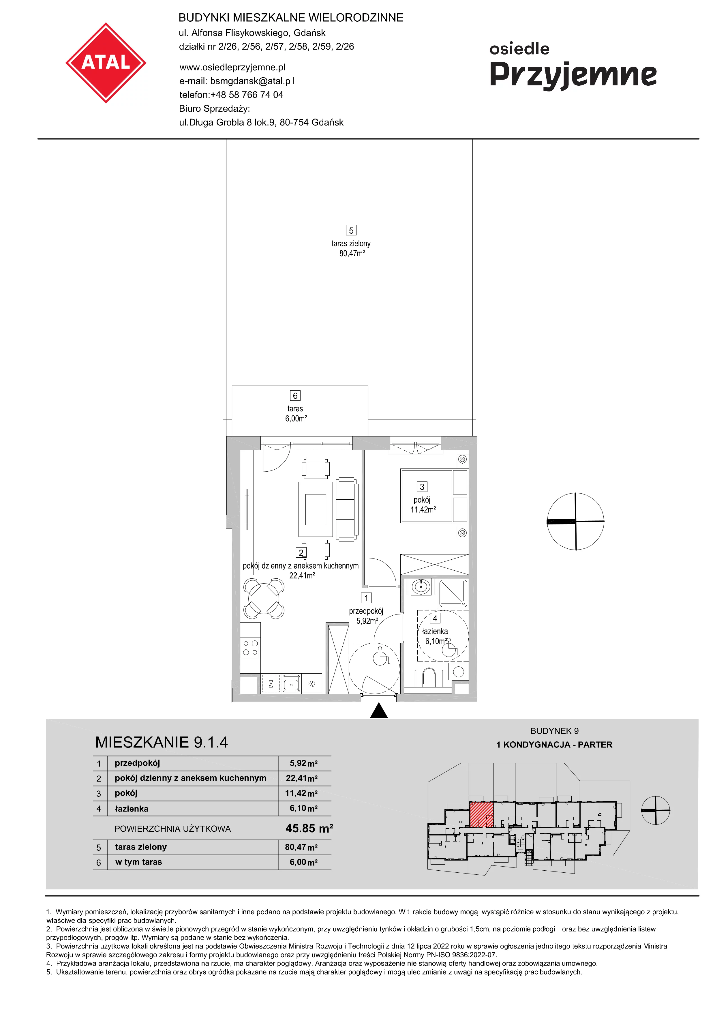 2 pokoje, mieszkanie 45,85 m², parter, oferta nr 9.1.4, Osiedle Przyjemne - etap IV, Gdańsk, Jasień, ul. Flisykowskiego