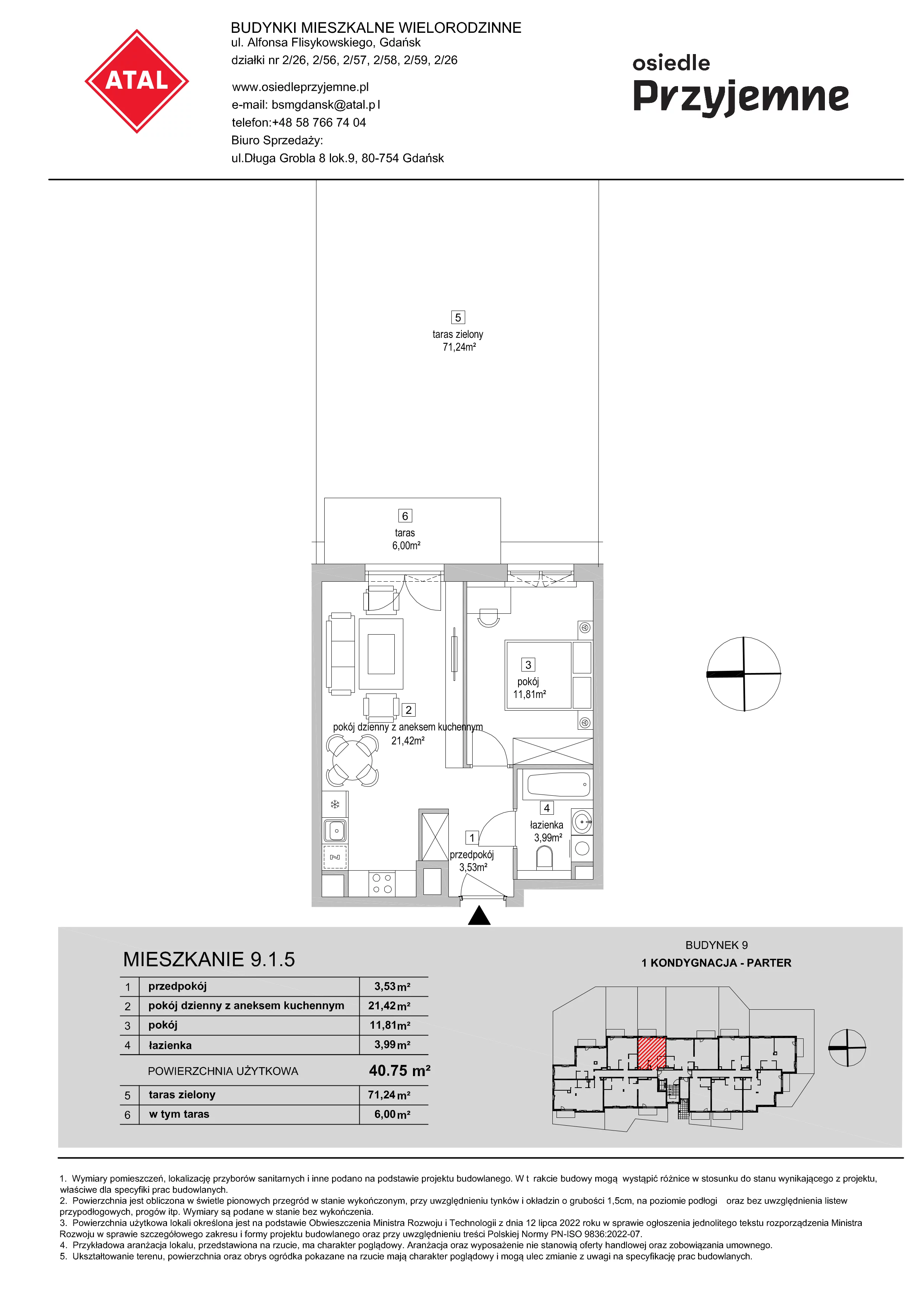 2 pokoje, mieszkanie 41,75 m², parter, oferta nr 9.1.5, Osiedle Przyjemne - etap IV, Gdańsk, Jasień, ul. Flisykowskiego