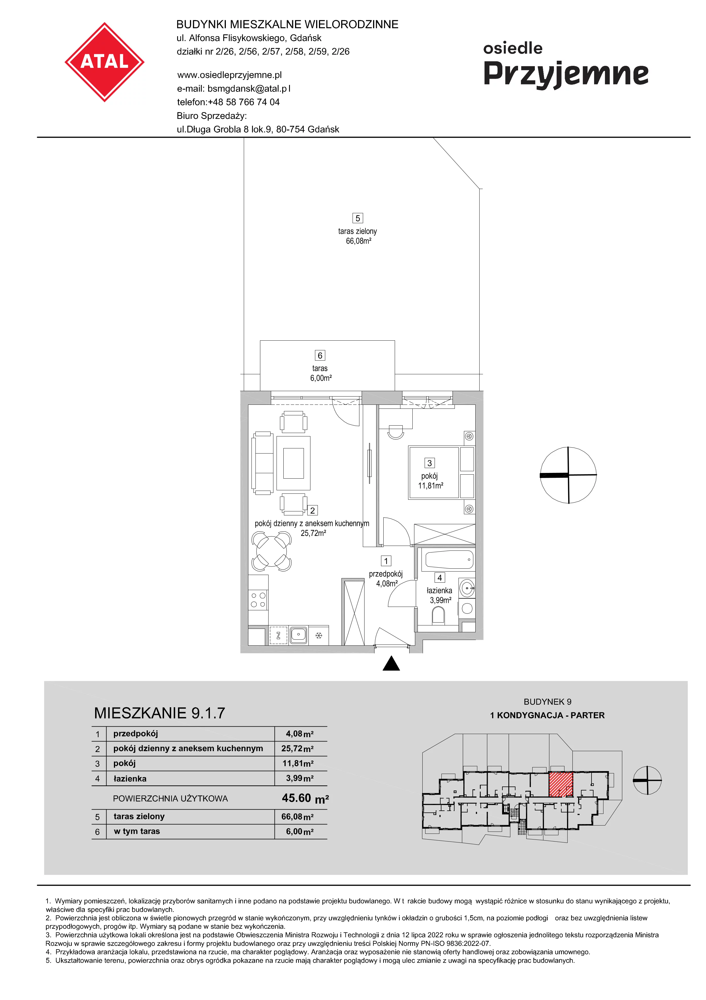 2 pokoje, mieszkanie 45,60 m², parter, oferta nr 9.1.7, Osiedle Przyjemne - etap IV, Gdańsk, Jasień, ul. Flisykowskiego