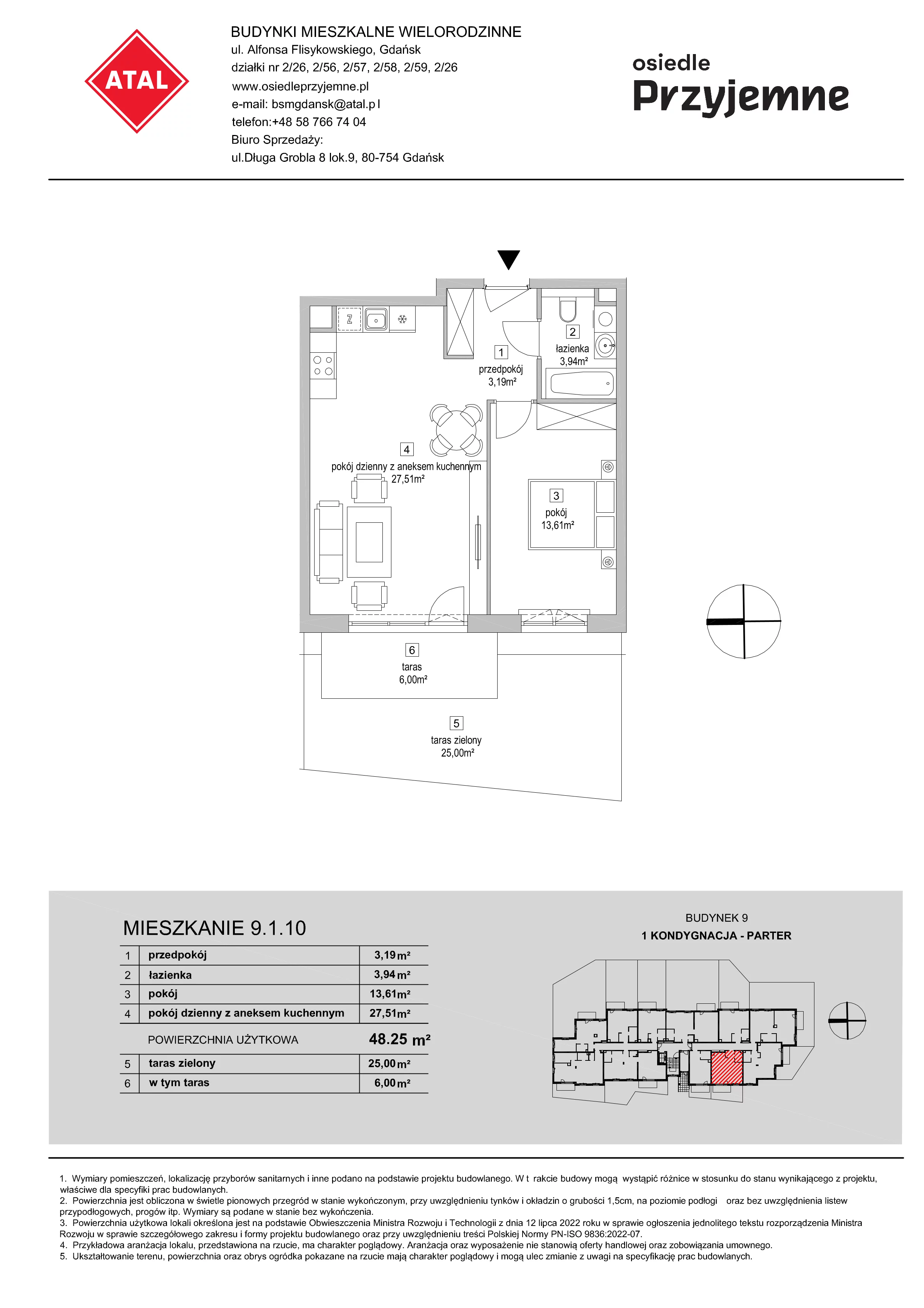 2 pokoje, mieszkanie 48,25 m², parter, oferta nr 9.1.10, Osiedle Przyjemne - etap IV, Gdańsk, Jasień, ul. Flisykowskiego