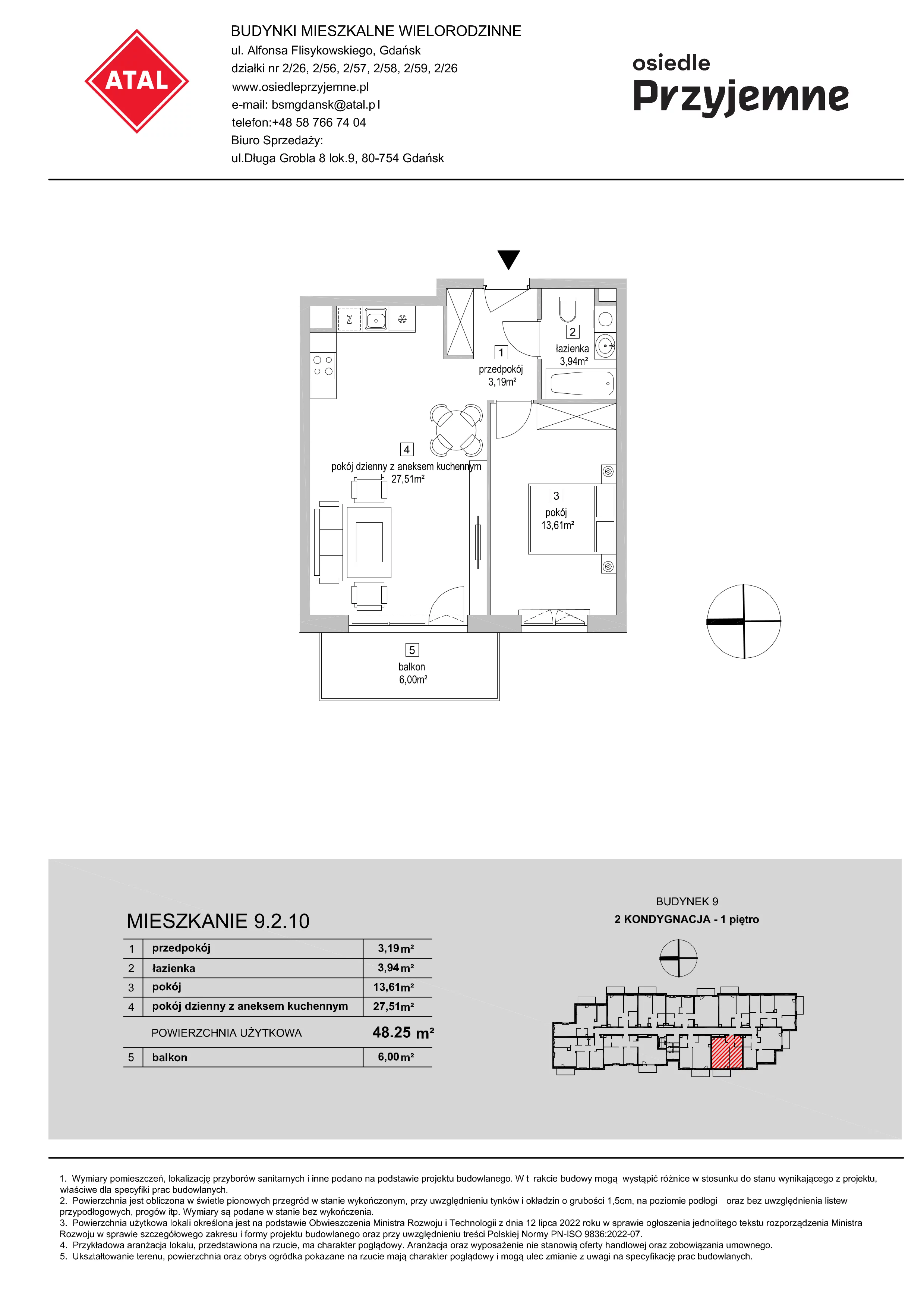 2 pokoje, mieszkanie 48,25 m², piętro 1, oferta nr 9.2.10, Osiedle Przyjemne - etap IV, Gdańsk, Jasień, ul. Flisykowskiego