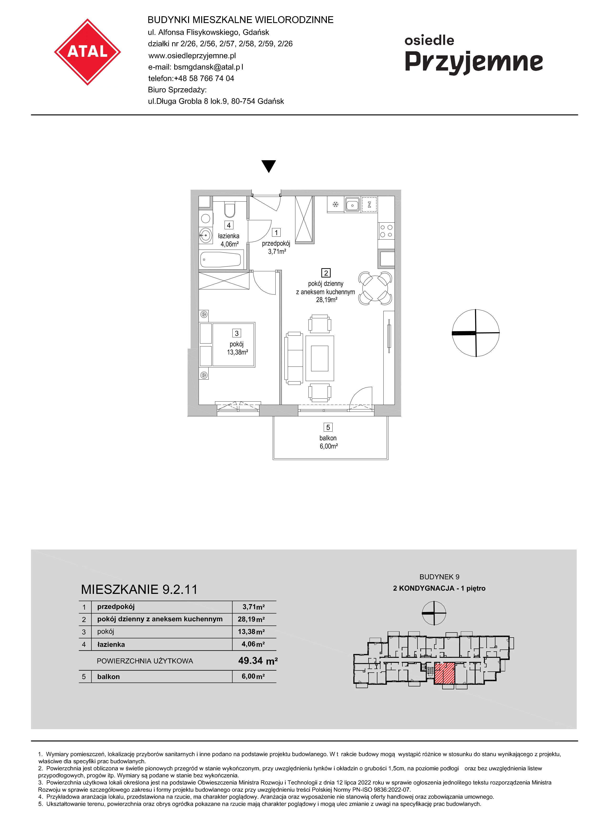 2 pokoje, mieszkanie 49,34 m², piętro 1, oferta nr 9.2.11, Osiedle Przyjemne - etap IV, Gdańsk, Jasień, ul. Flisykowskiego