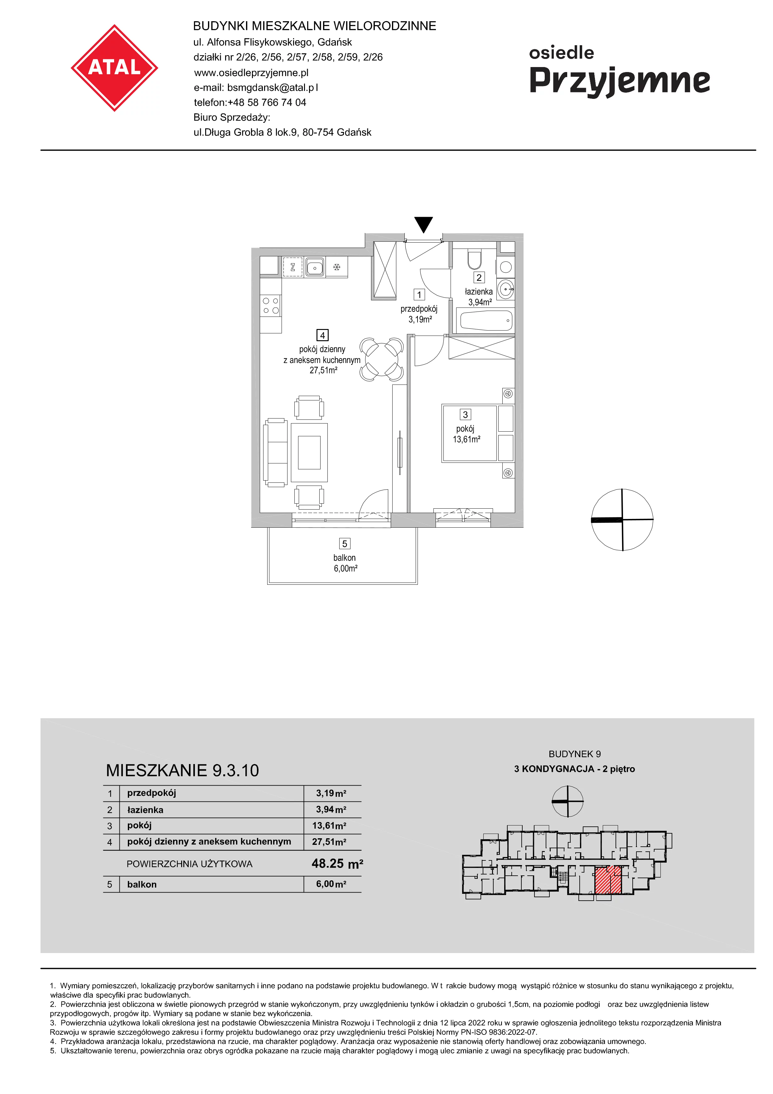 2 pokoje, mieszkanie 48,25 m², piętro 2, oferta nr 9.3.10, Osiedle Przyjemne - etap IV, Gdańsk, Jasień, ul. Flisykowskiego