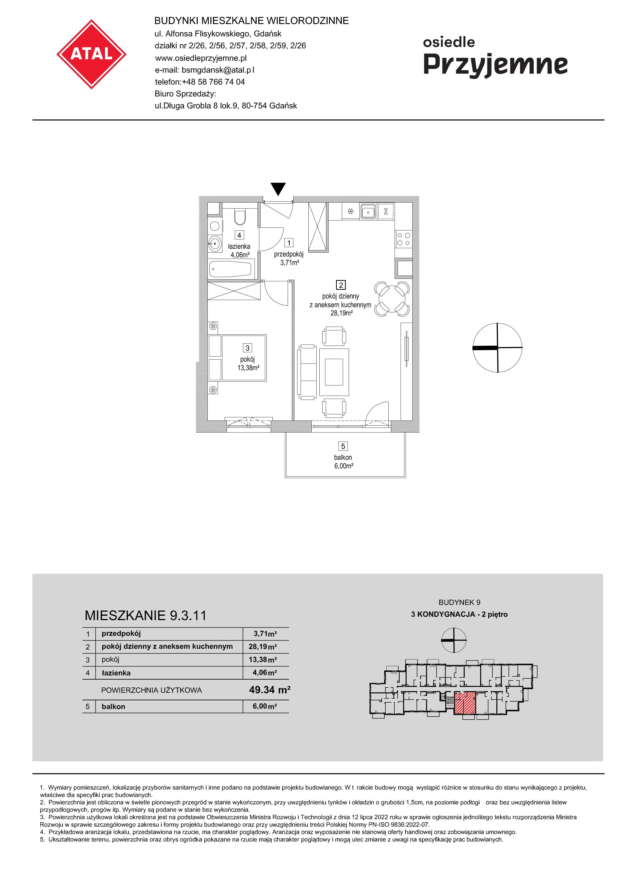 2 pokoje, mieszkanie 49,34 m², piętro 2, oferta nr 9.3.11, Osiedle Przyjemne - etap IV, Gdańsk, Jasień, ul. Flisykowskiego