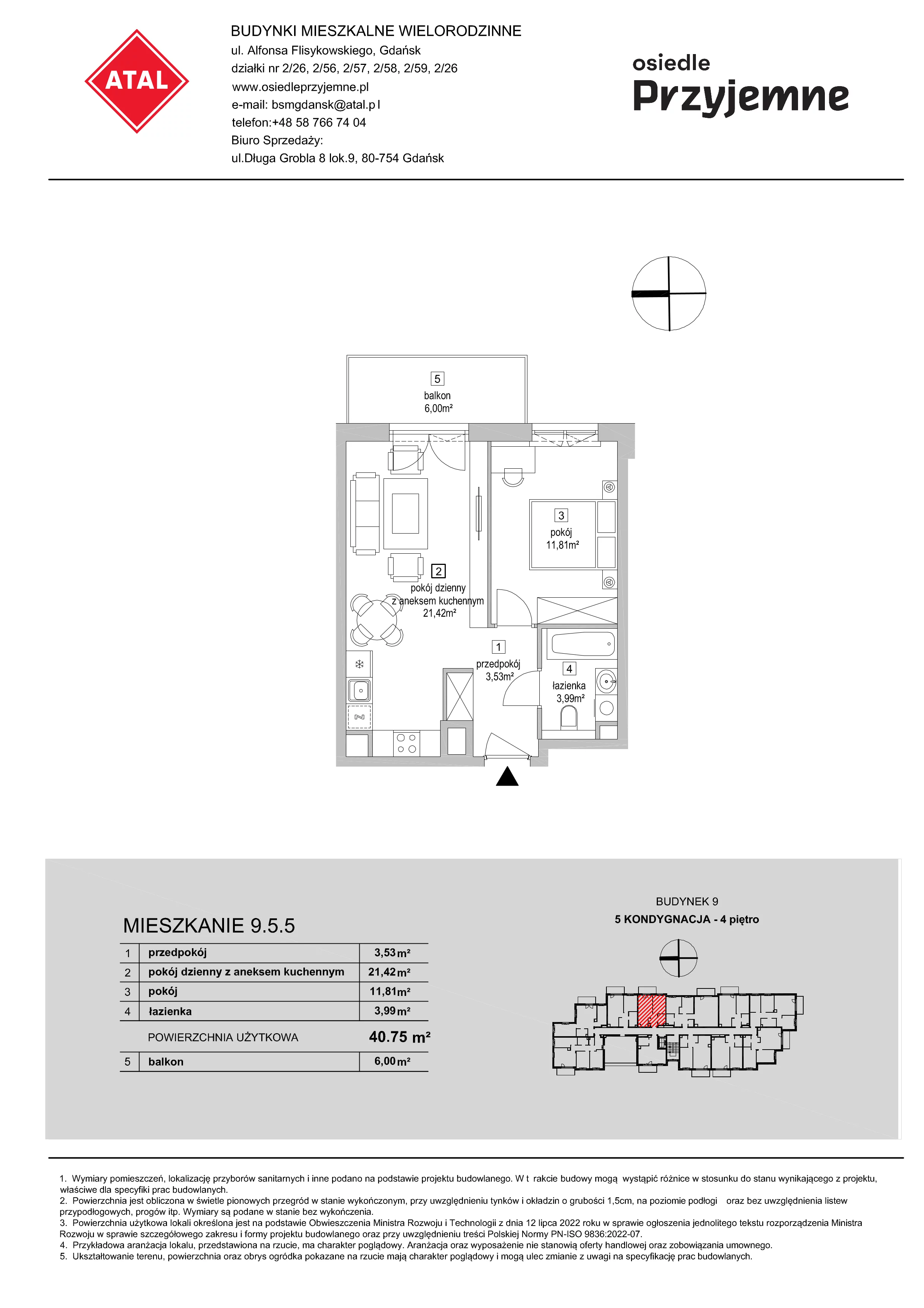 2 pokoje, mieszkanie 40,75 m², piętro 4, oferta nr 9.5.5, Osiedle Przyjemne - etap IV, Gdańsk, Jasień, ul. Flisykowskiego