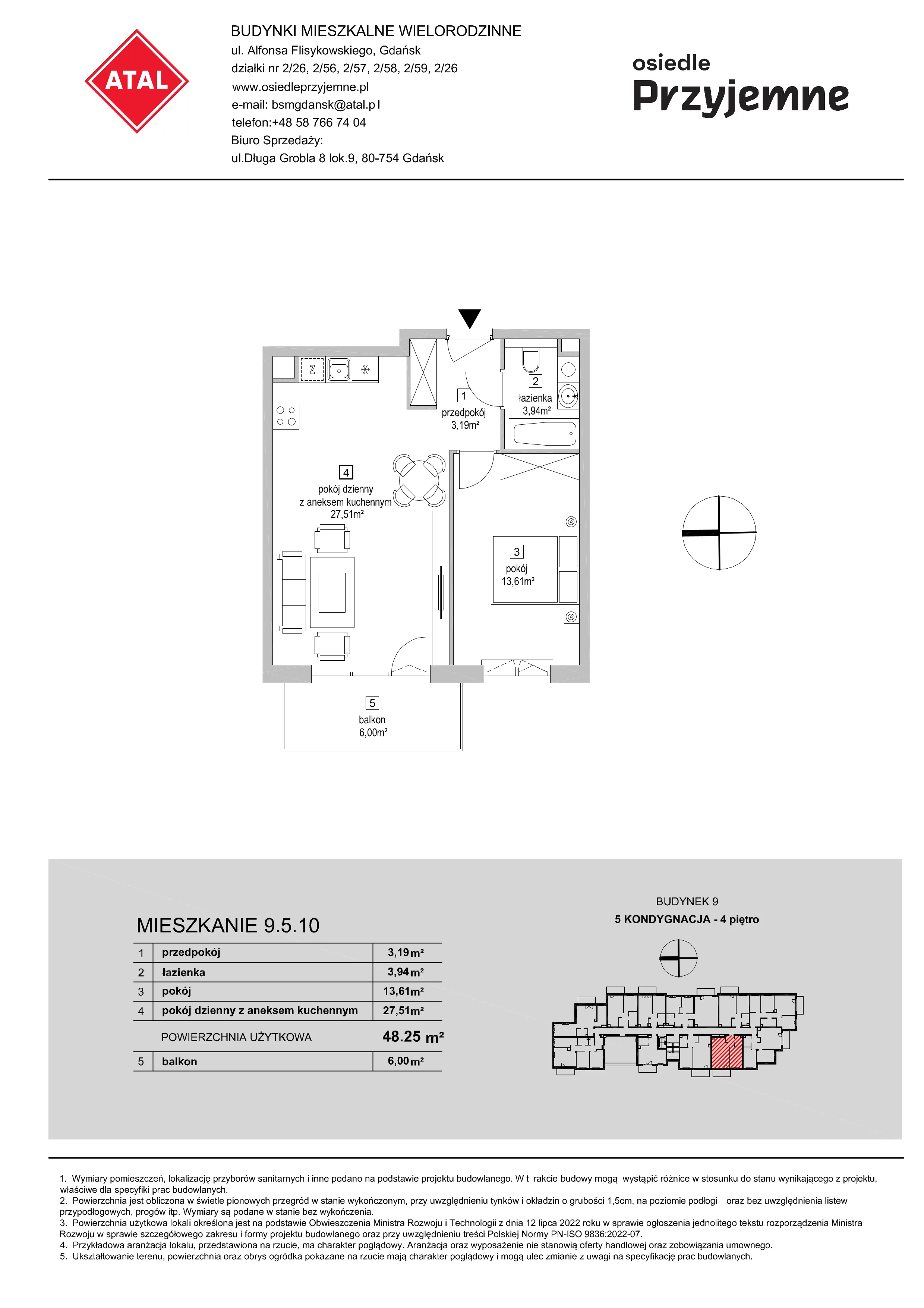 2 pokoje, mieszkanie 48,25 m², piętro 4, oferta nr 9.5.10, Osiedle Przyjemne - etap IV, Gdańsk, Jasień, ul. Flisykowskiego