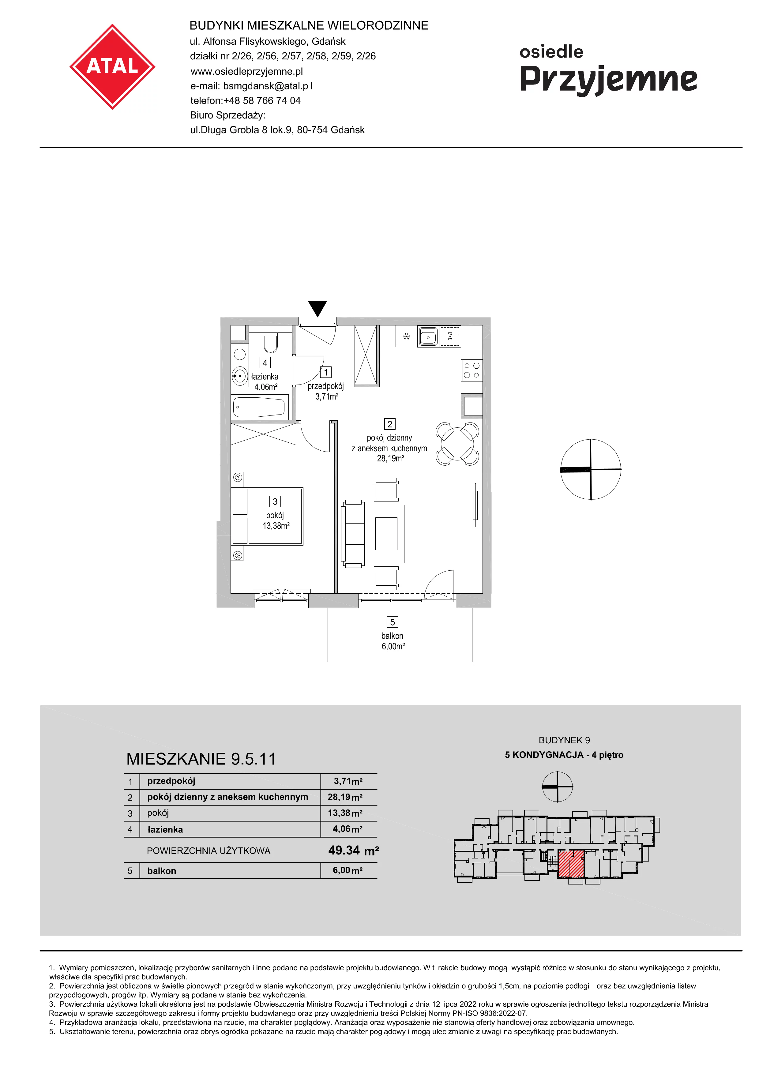 2 pokoje, mieszkanie 49,34 m², piętro 4, oferta nr 9.5.11, Osiedle Przyjemne - etap IV, Gdańsk, Jasień, ul. Flisykowskiego