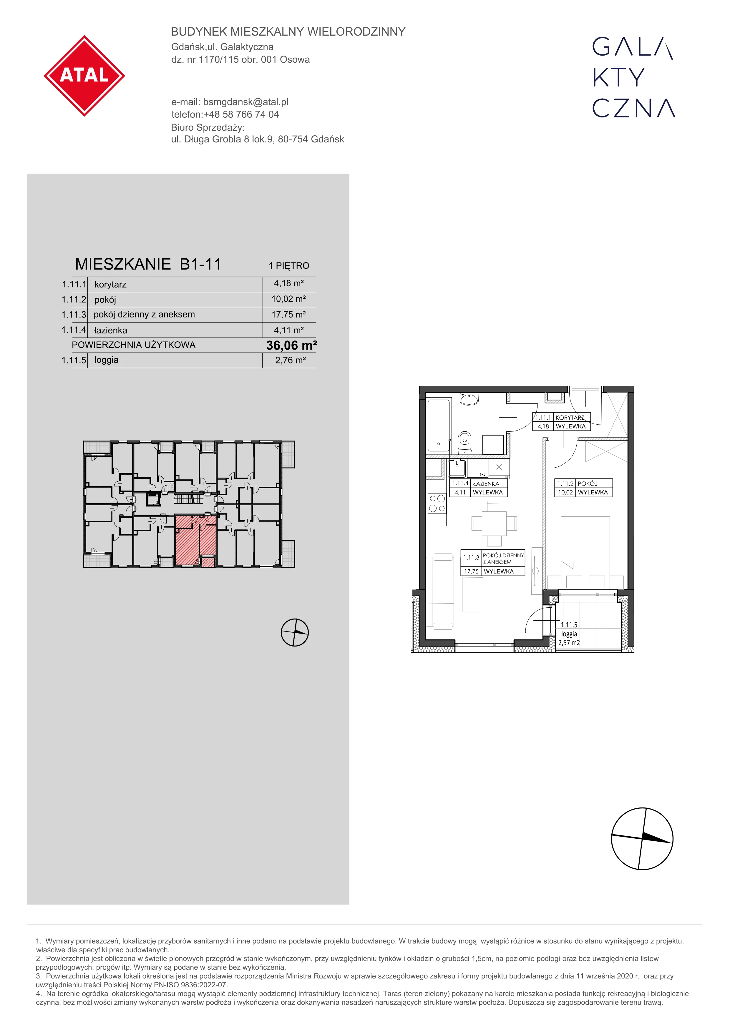 Mieszkanie 36,06 m², piętro 1, oferta nr B1-11, Galaktyczna, Gdańsk, Osowa, ul. Galaktyczna