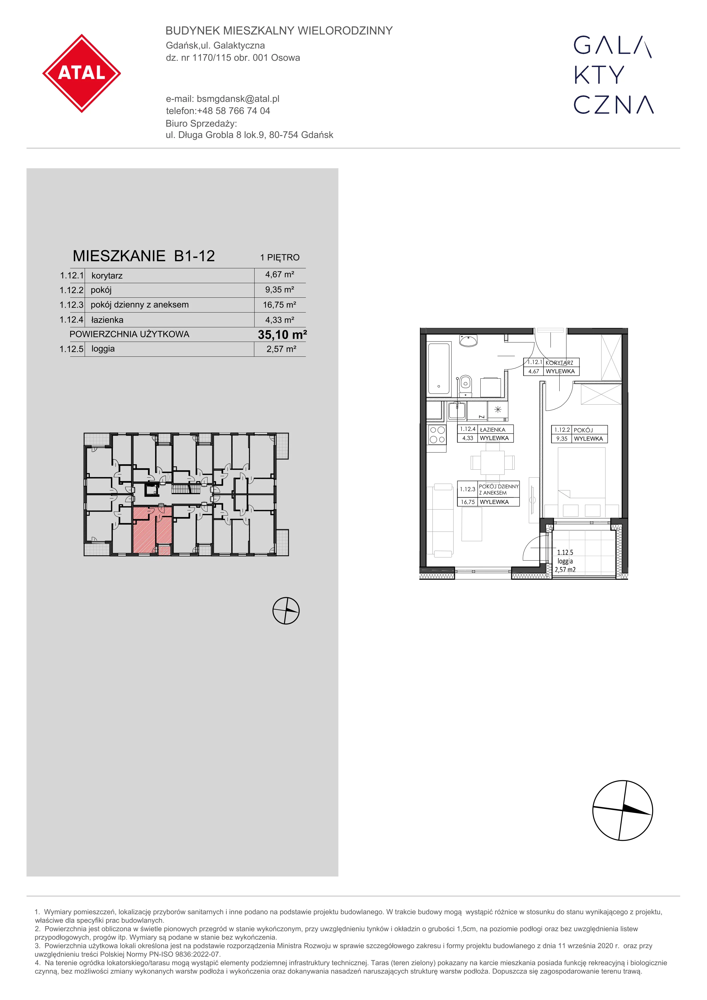 Mieszkanie 35,10 m², piętro 1, oferta nr B1-12, Galaktyczna, Gdańsk, Osowa, ul. Galaktyczna