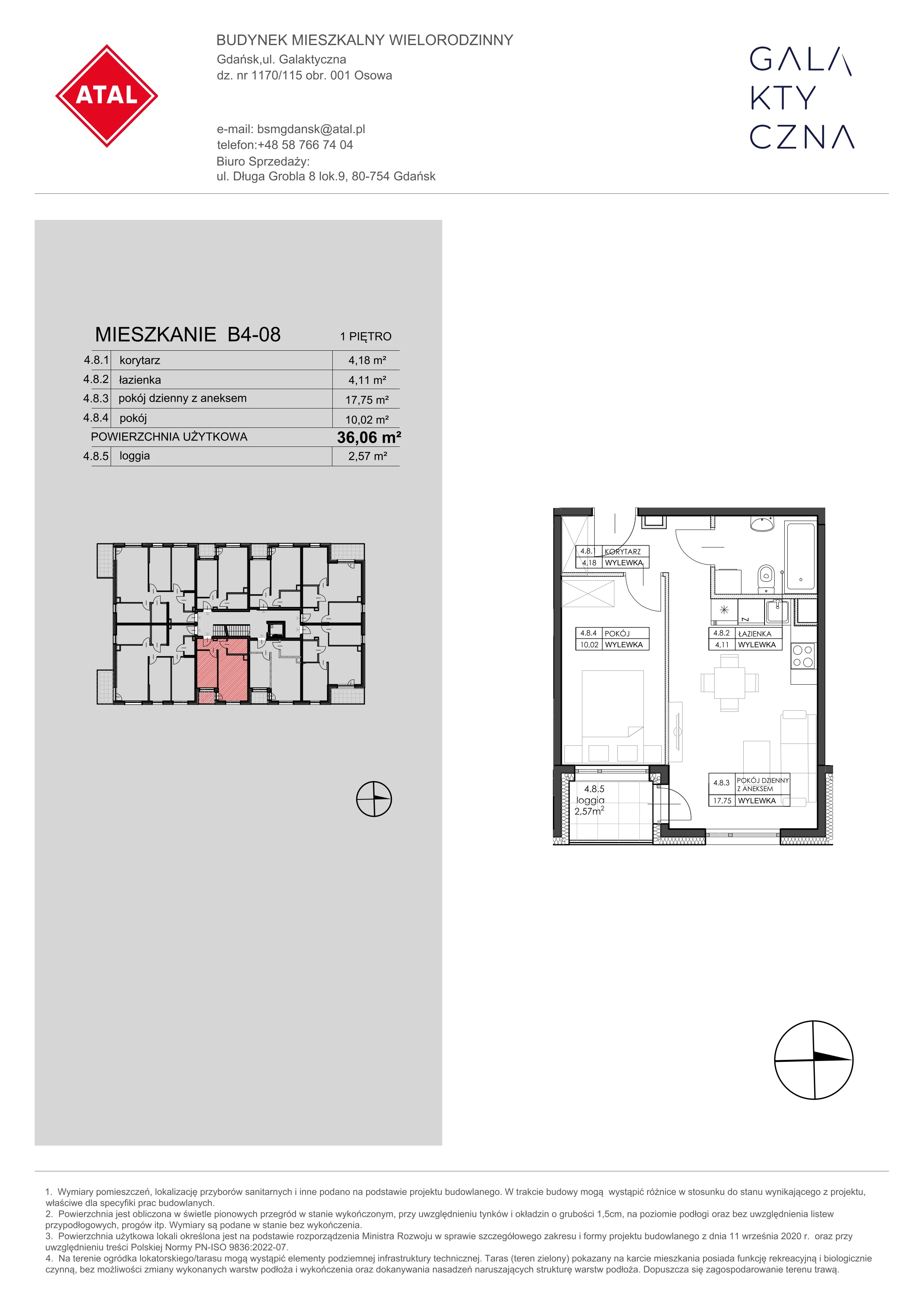 Mieszkanie 36,06 m², piętro 1, oferta nr B4-08, Galaktyczna, Gdańsk, Osowa, ul. Galaktyczna