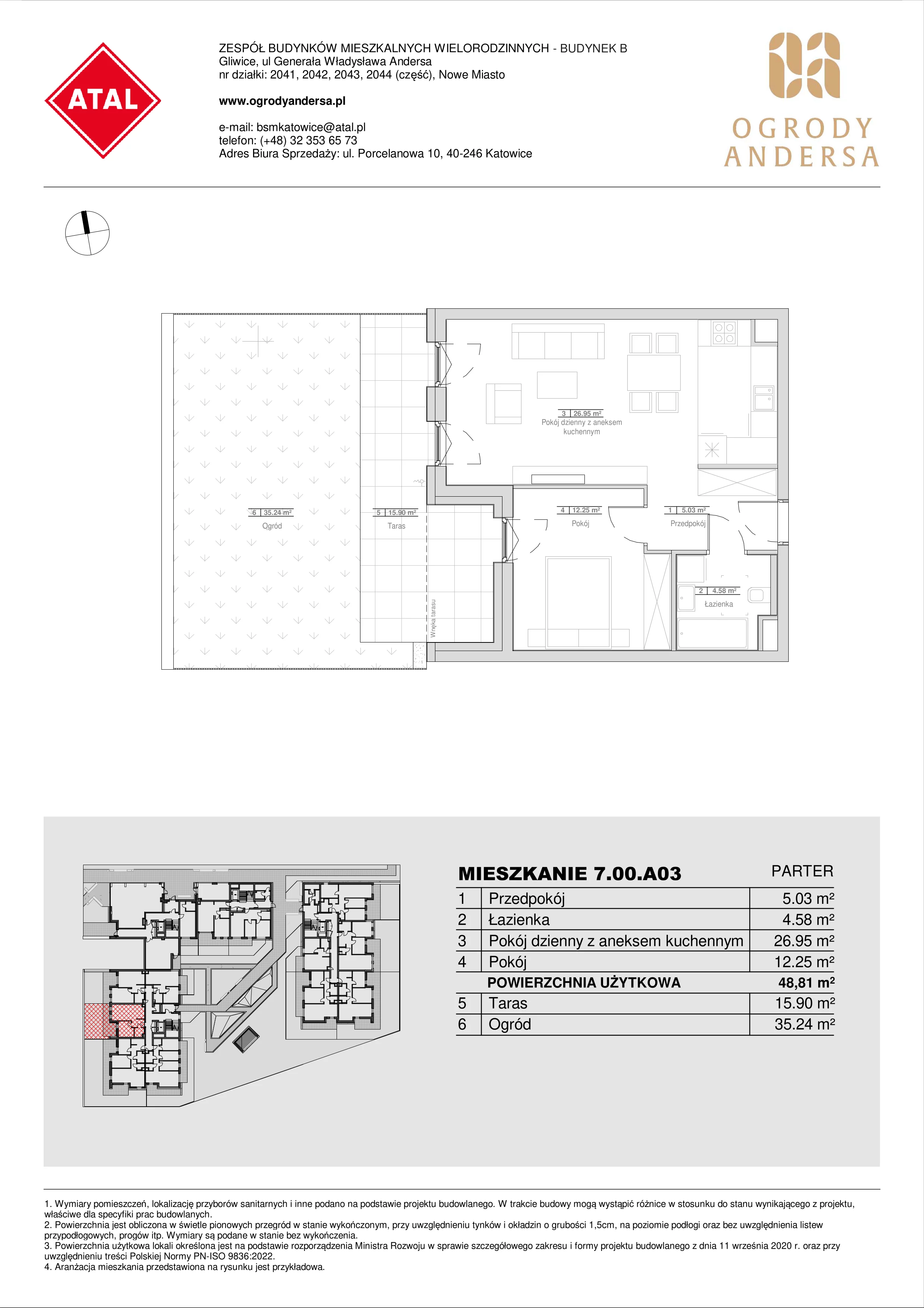 Mieszkanie 48,81 m², parter, oferta nr 7.00.A03, Ogrody Andersa II, Gliwice, Wojska Polskiego, ul. Generała Władysława Andersa