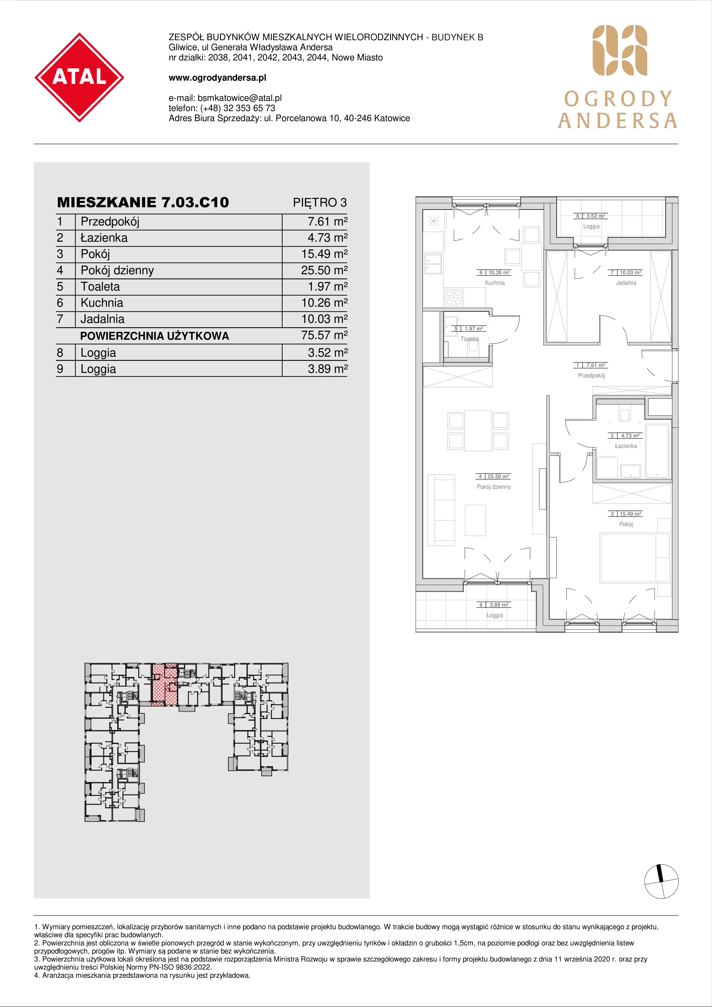 Mieszkanie 75,59 m², piętro 3, oferta nr 7.03.C10, Ogrody Andersa II, Gliwice, Wojska Polskiego, ul. Generała Władysława Andersa