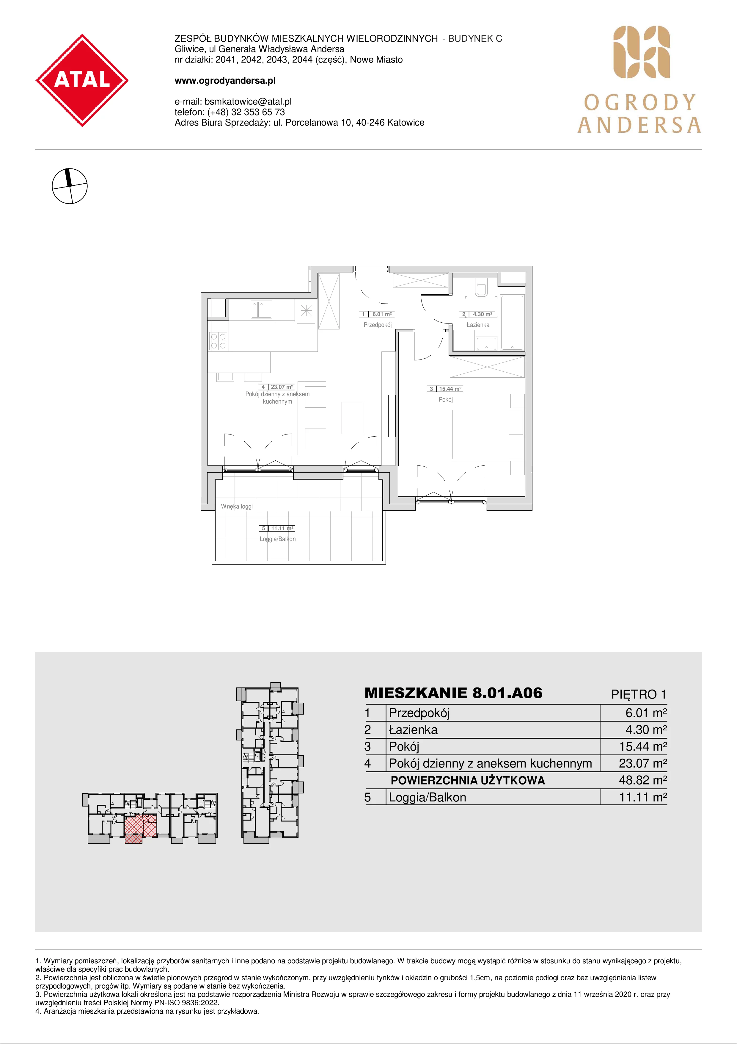 Mieszkanie 48,82 m², piętro 1, oferta nr 8.01.A06, Ogrody Andersa II, Gliwice, Wojska Polskiego, ul. Generała Władysława Andersa