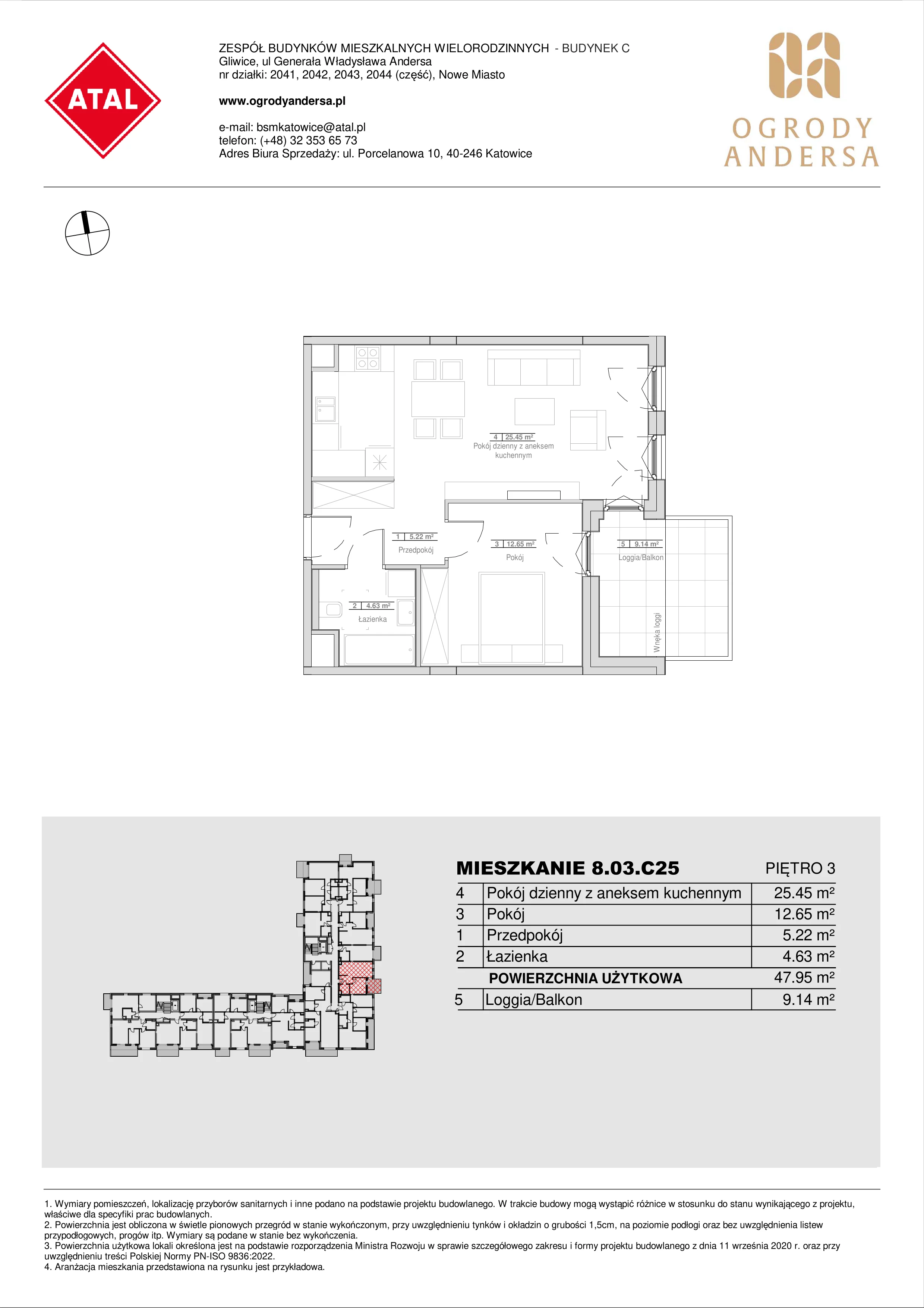 Mieszkanie 47,95 m², piętro 3, oferta nr 8.03.C25, Ogrody Andersa II, Gliwice, Wojska Polskiego, ul. Generała Władysława Andersa