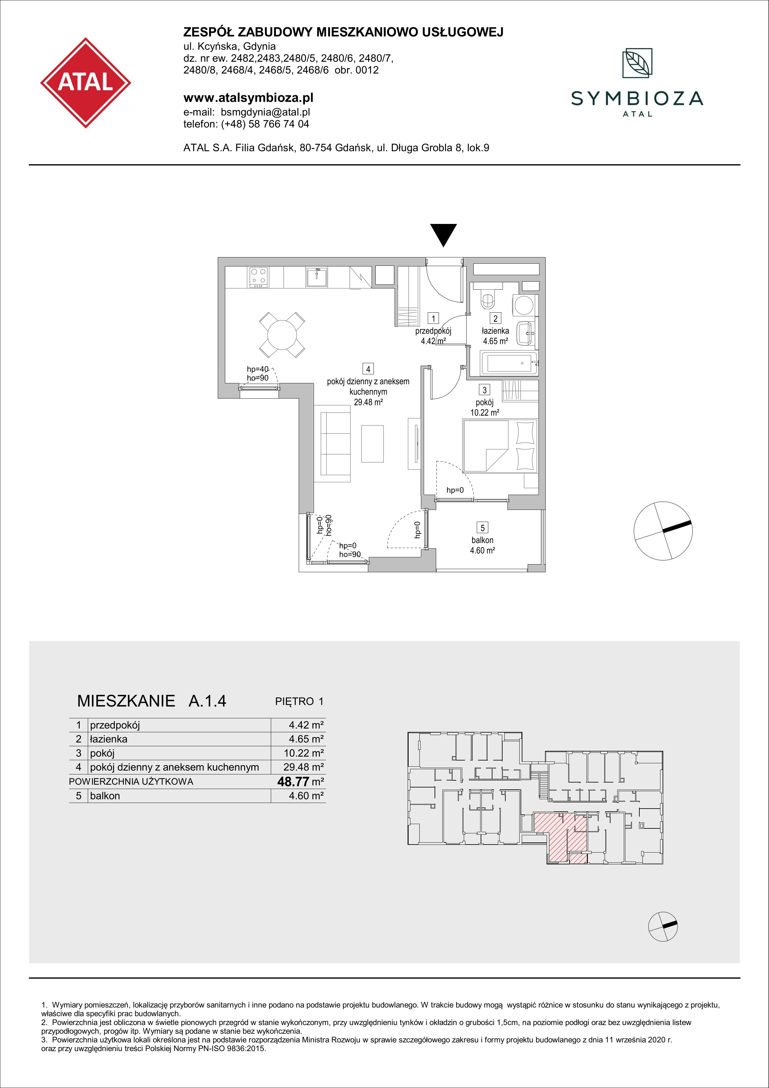 Mieszkanie 48,77 m², piętro 1, oferta nr A.1.4, ATAL Symbioza, Gdynia, Cisowa, ul. Kcyńska