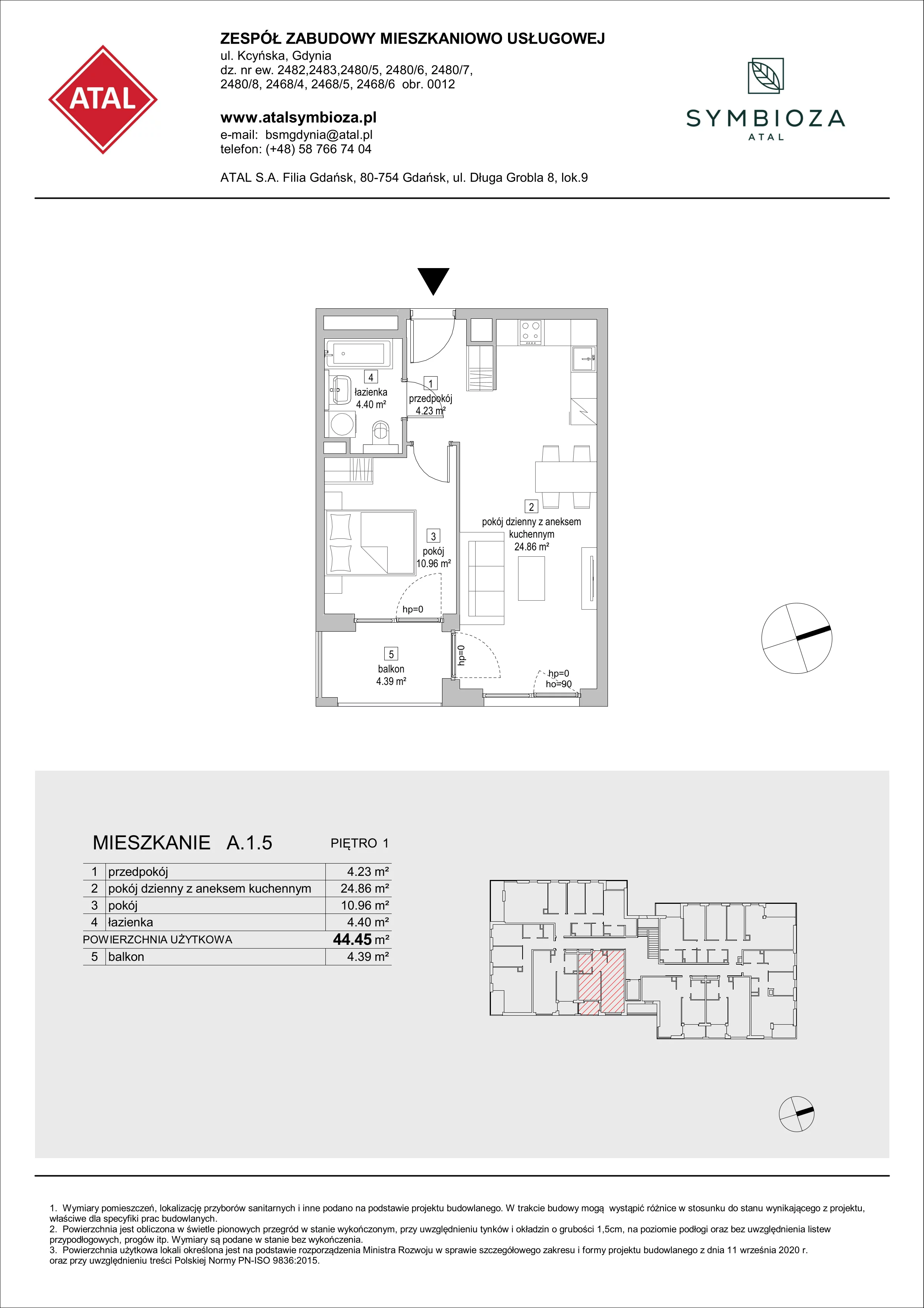 Mieszkanie 44,45 m², piętro 1, oferta nr A.1.5, ATAL Symbioza, Gdynia, Cisowa, ul. Kcyńska