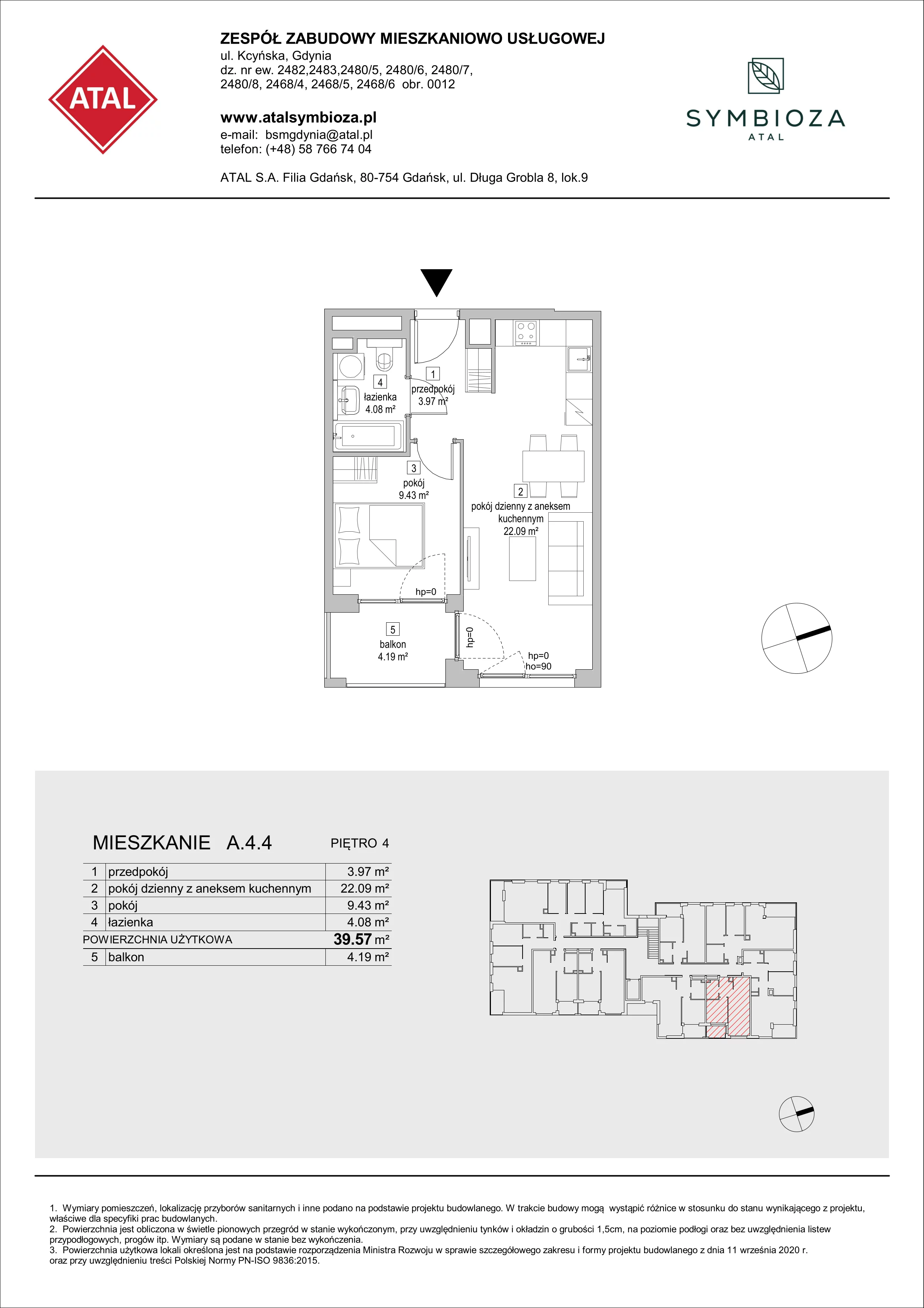 Mieszkanie 39,57 m², piętro 4, oferta nr A.4.4, ATAL Symbioza, Gdynia, Cisowa, ul. Kcyńska