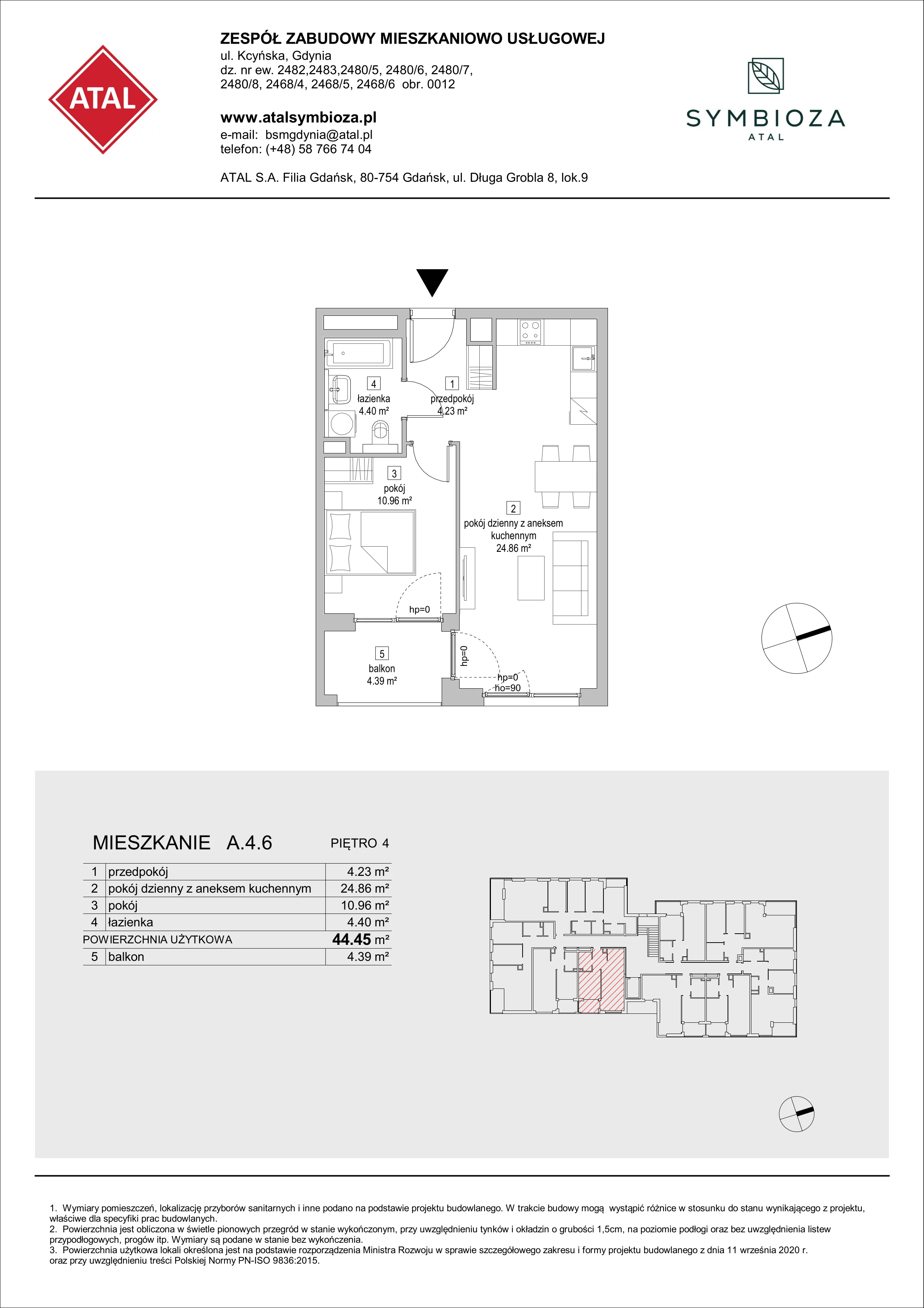 Mieszkanie 44,45 m², piętro 4, oferta nr A.4.6, ATAL Symbioza, Gdynia, Cisowa, ul. Kcyńska