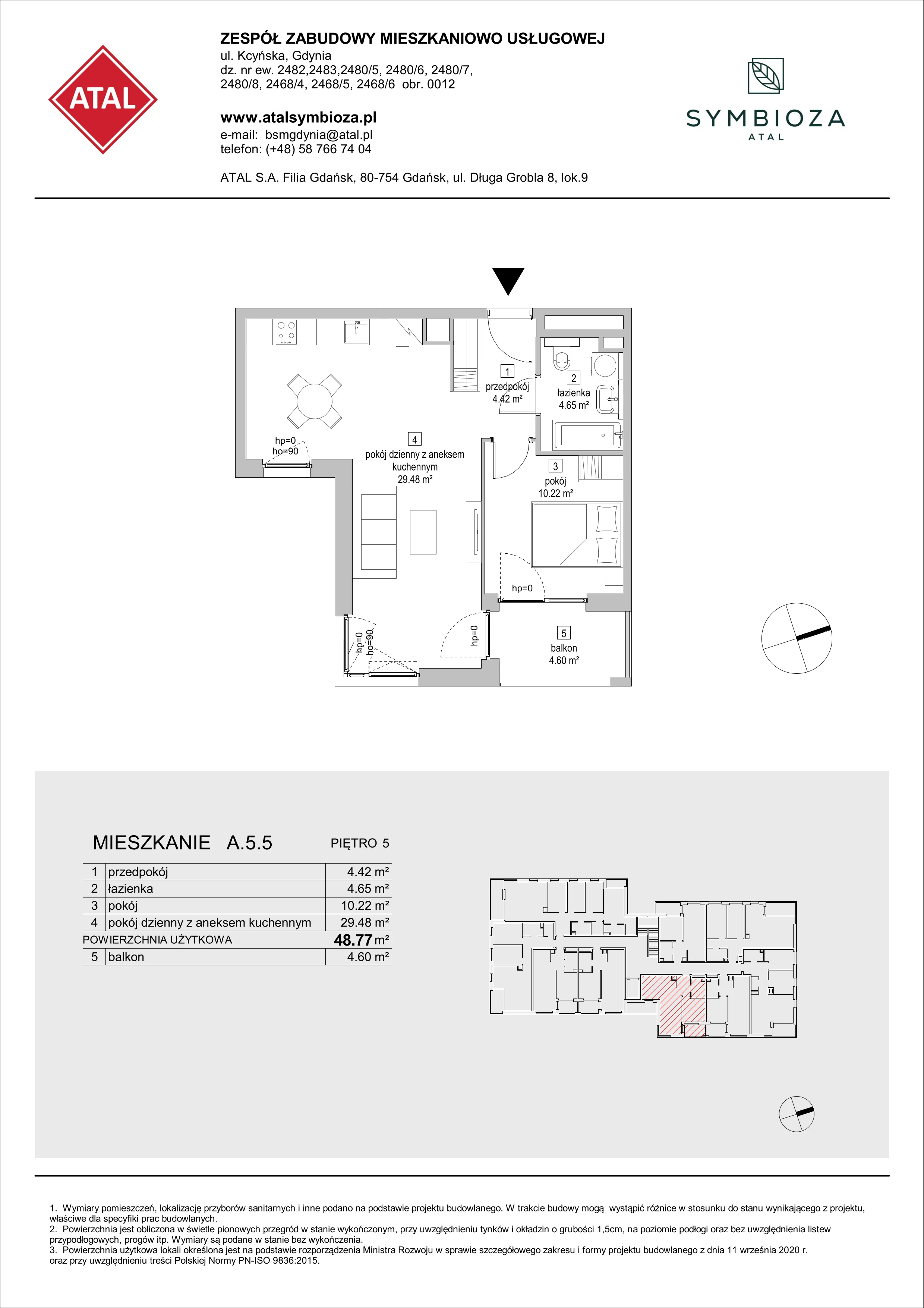 Mieszkanie 48,77 m², piętro 5, oferta nr A.5.5, ATAL Symbioza, Gdynia, Cisowa, ul. Kcyńska