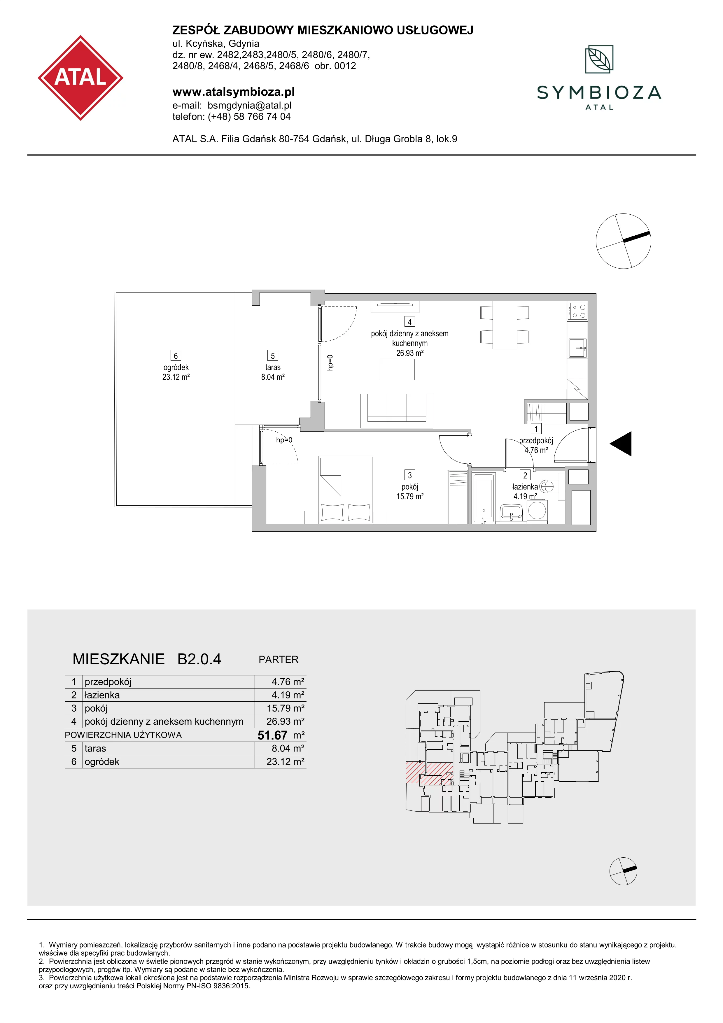 Mieszkanie 51,67 m², parter, oferta nr B2.0.4, ATAL Symbioza, Gdynia, Cisowa, ul. Kcyńska