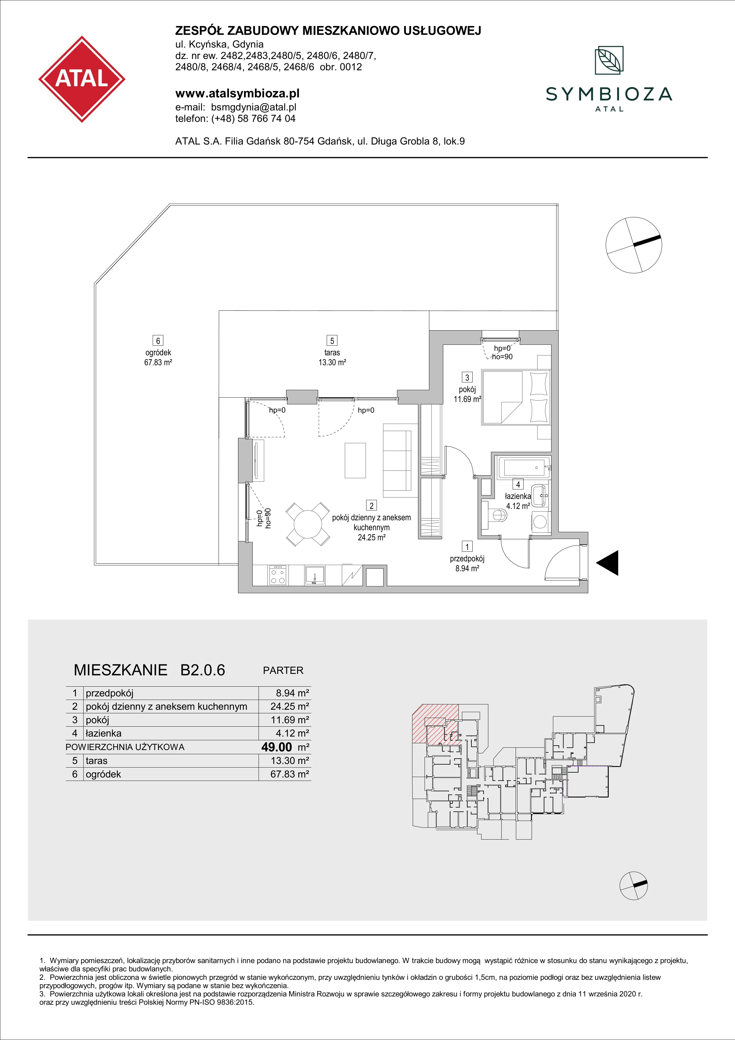 Mieszkanie 49,00 m², parter, oferta nr B2.0.6, ATAL Symbioza, Gdynia, Cisowa, ul. Kcyńska