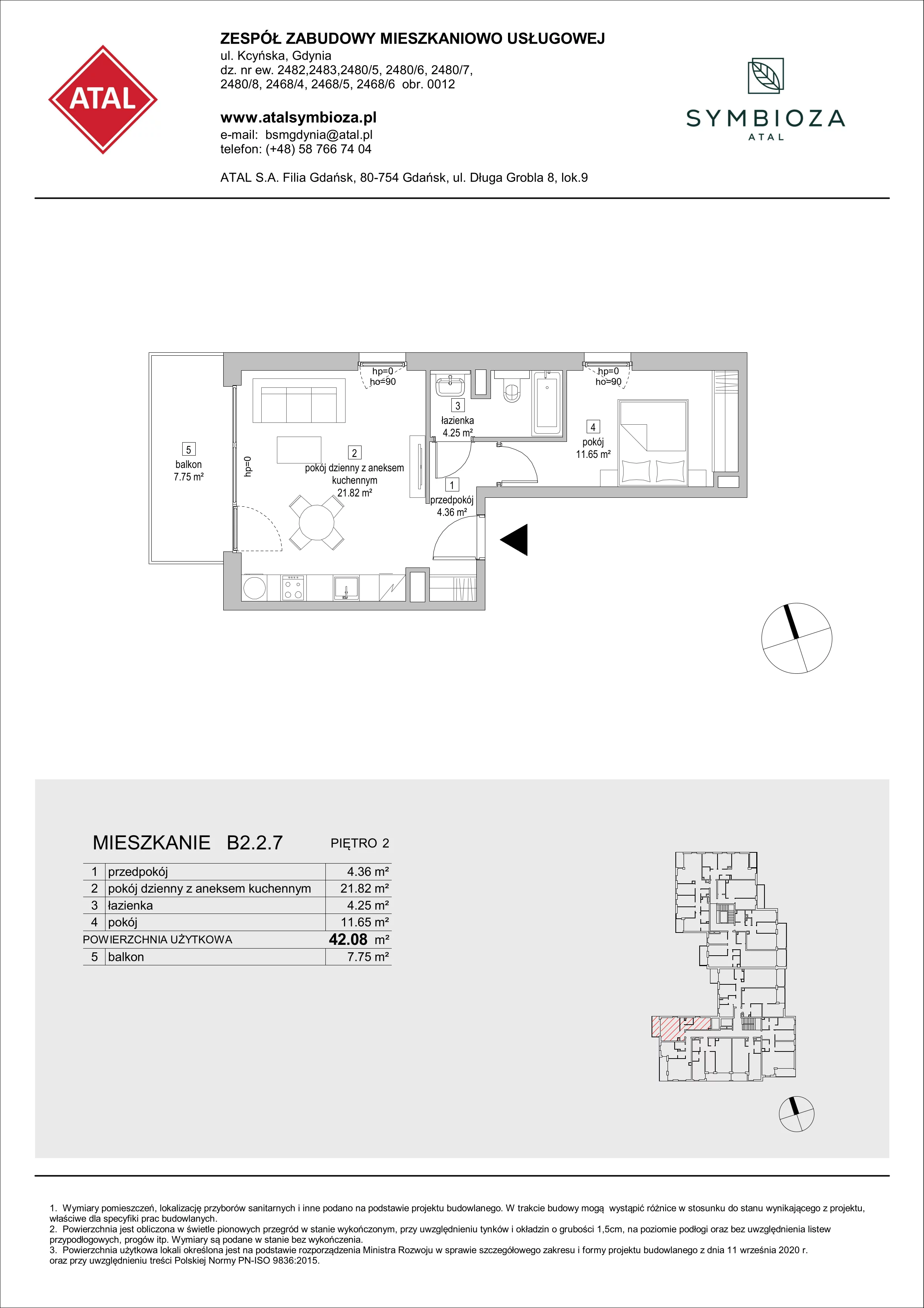 Mieszkanie 42,08 m², piętro 2, oferta nr B2.2.7, ATAL Symbioza, Gdynia, Cisowa, ul. Kcyńska