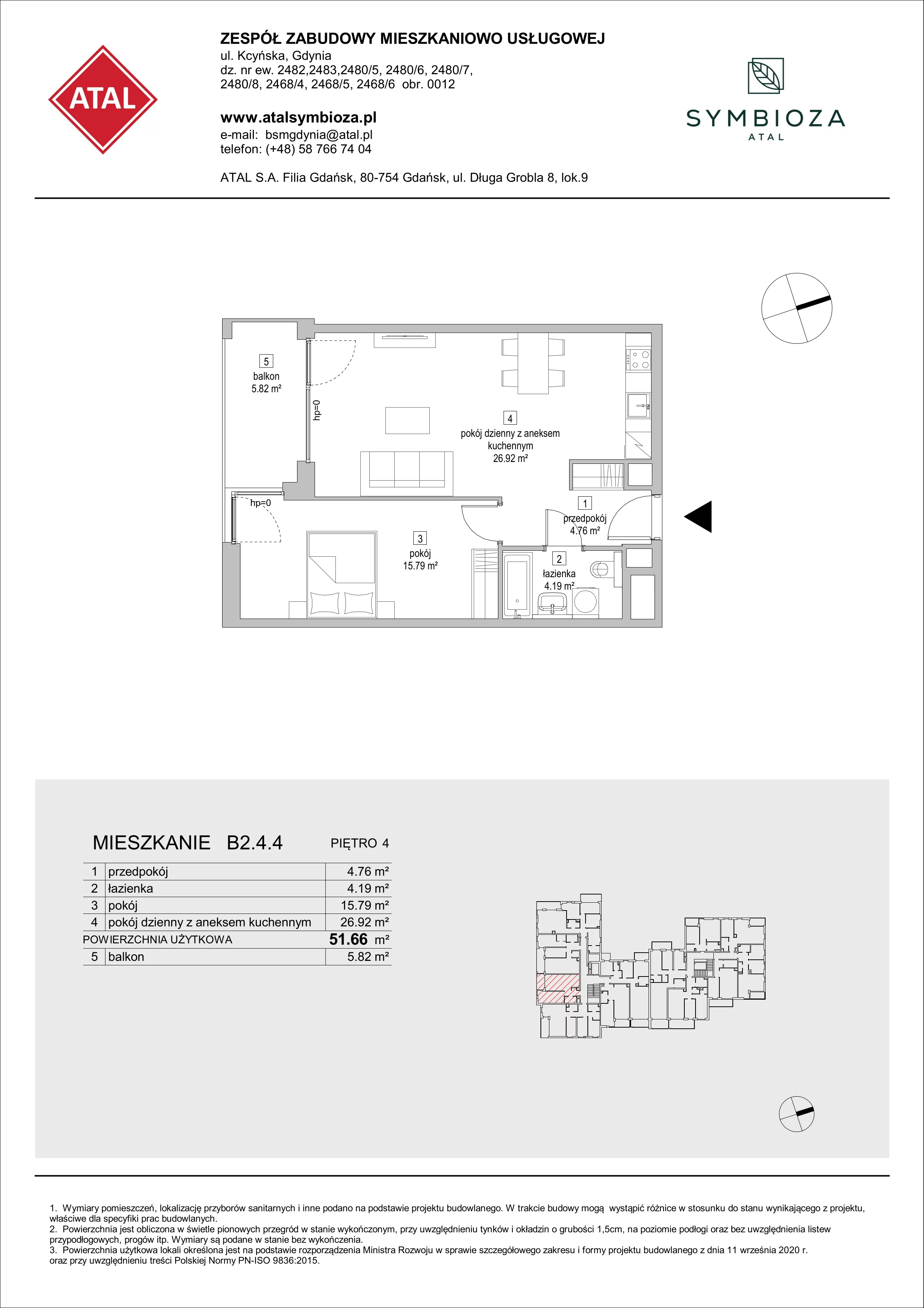 Mieszkanie 51,66 m², piętro 4, oferta nr B2.4.4, ATAL Symbioza, Gdynia, Cisowa, ul. Kcyńska