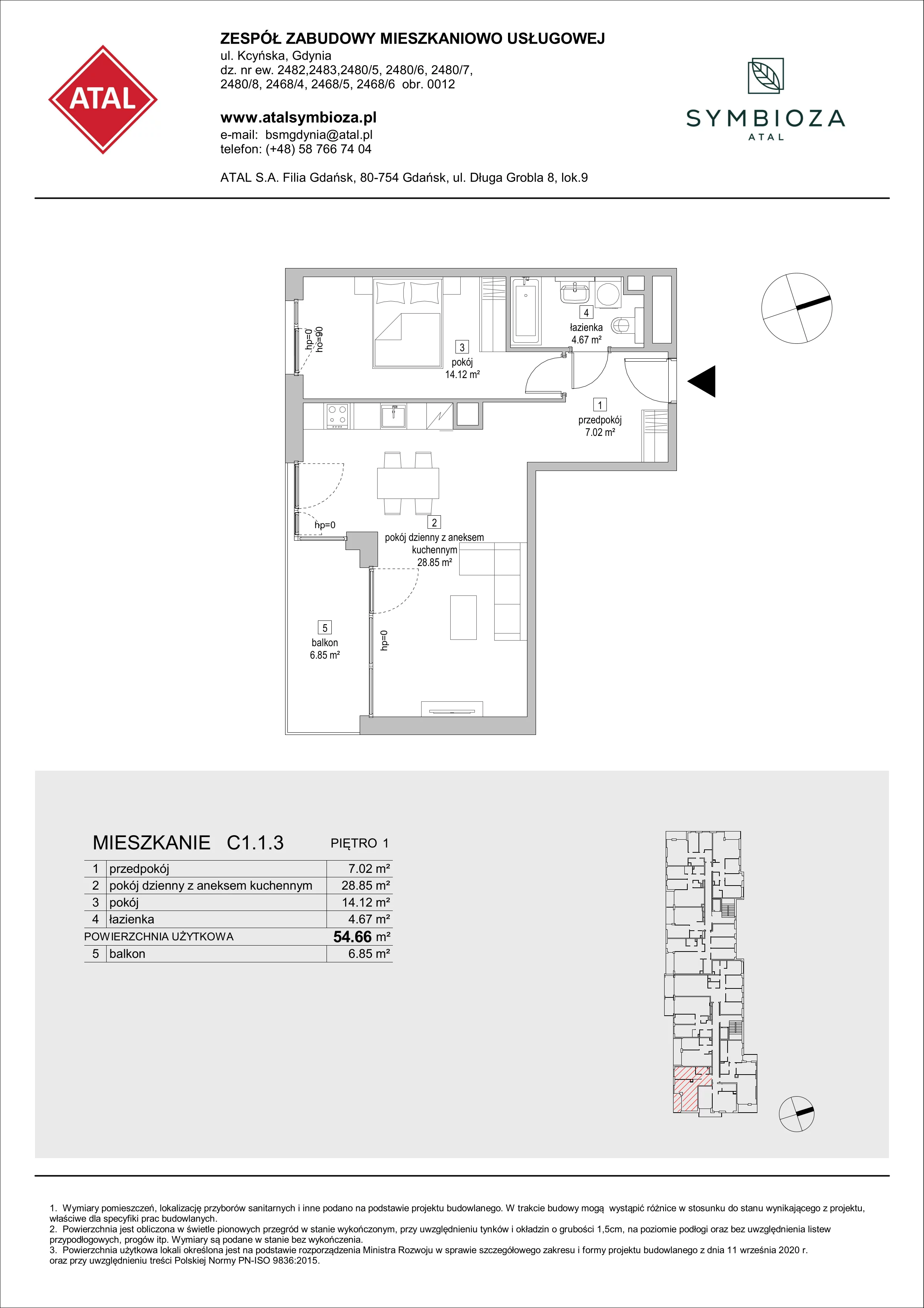 Mieszkanie 54,66 m², piętro 1, oferta nr C1.1.3, ATAL Symbioza, Gdynia, Cisowa, ul. Kcyńska