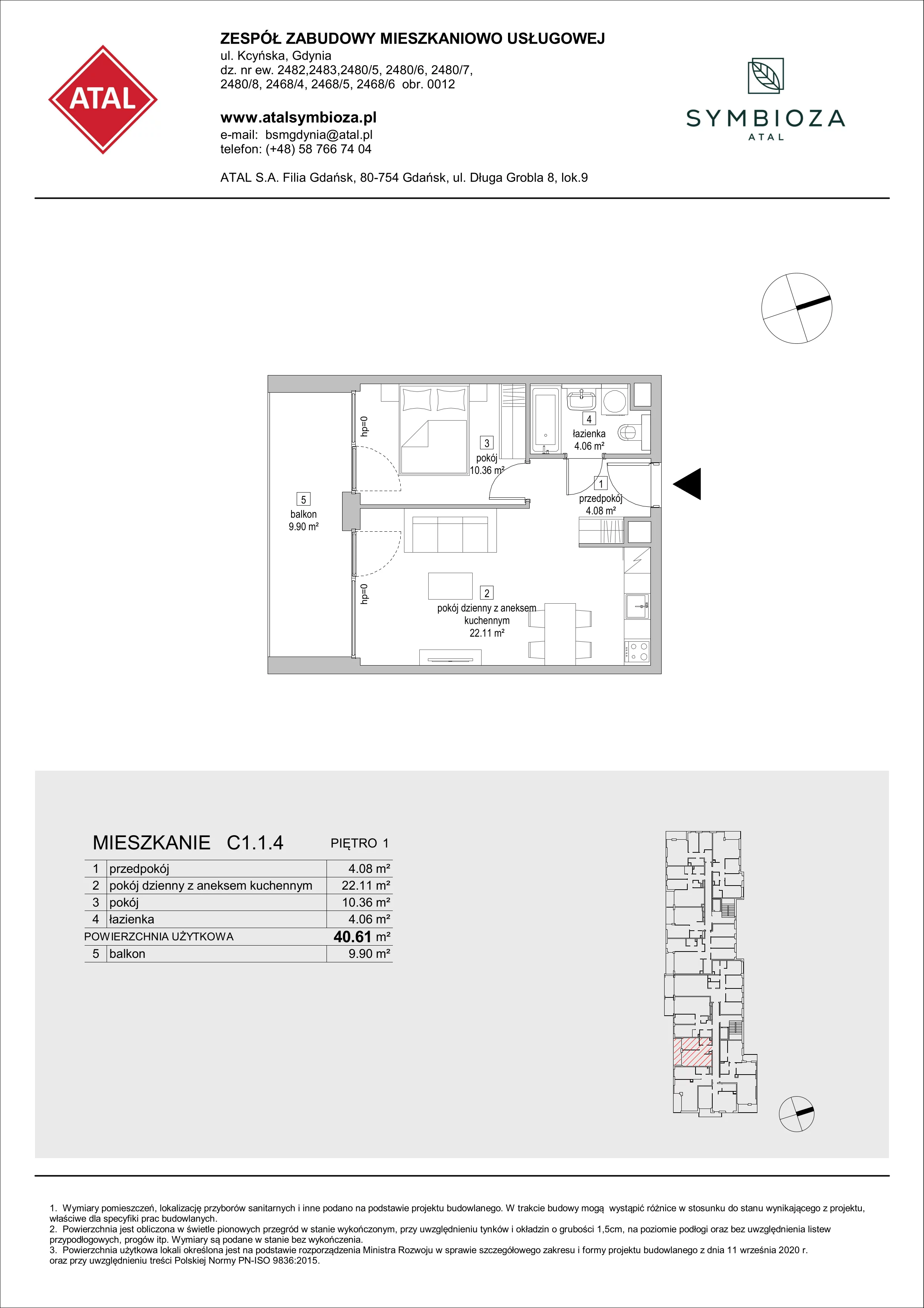 Mieszkanie 40,61 m², piętro 1, oferta nr C1.1.4, ATAL Symbioza, Gdynia, Cisowa, ul. Kcyńska