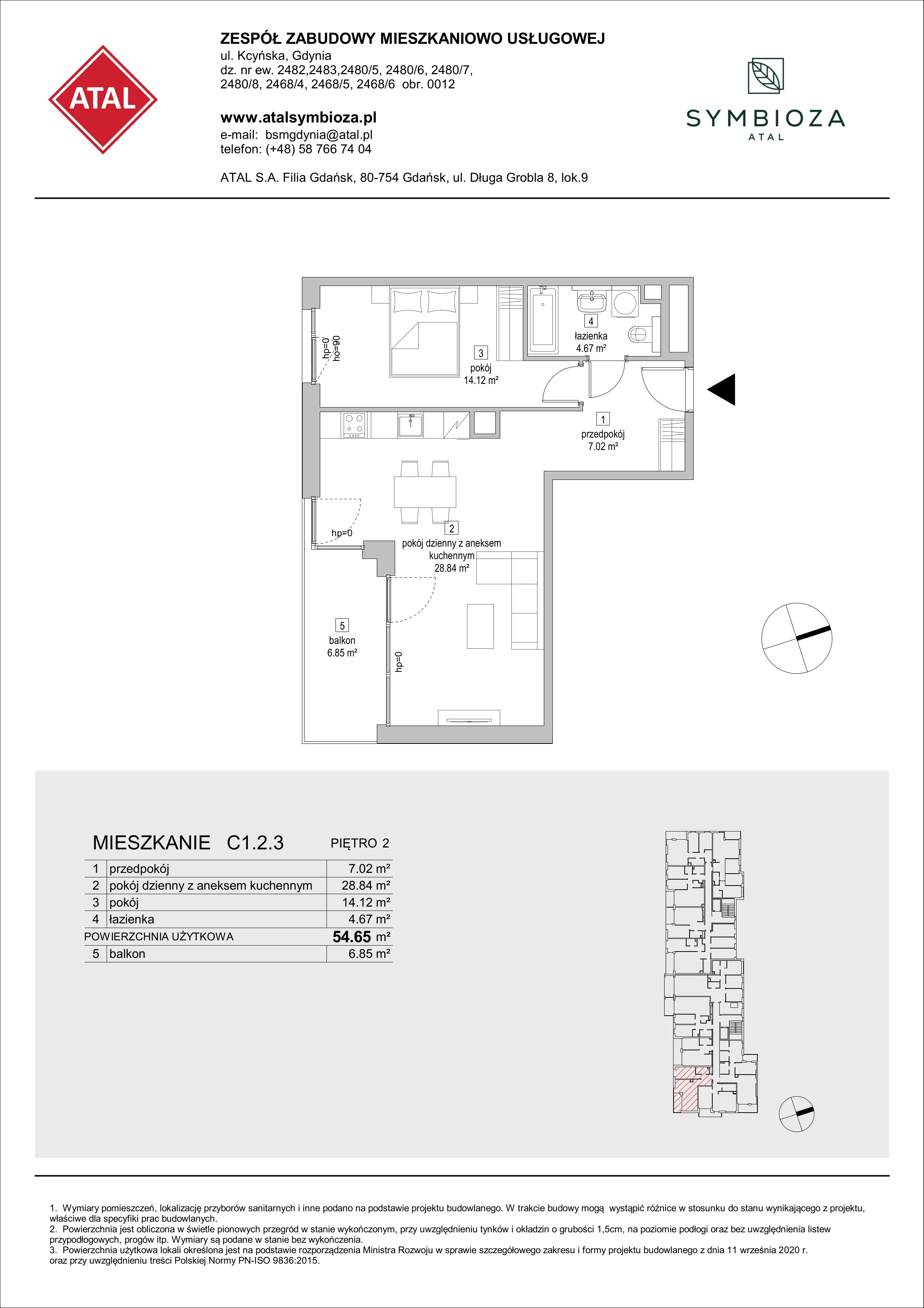 Mieszkanie 54,56 m², piętro 2, oferta nr C1.2.3, ATAL Symbioza, Gdynia, Cisowa, ul. Kcyńska