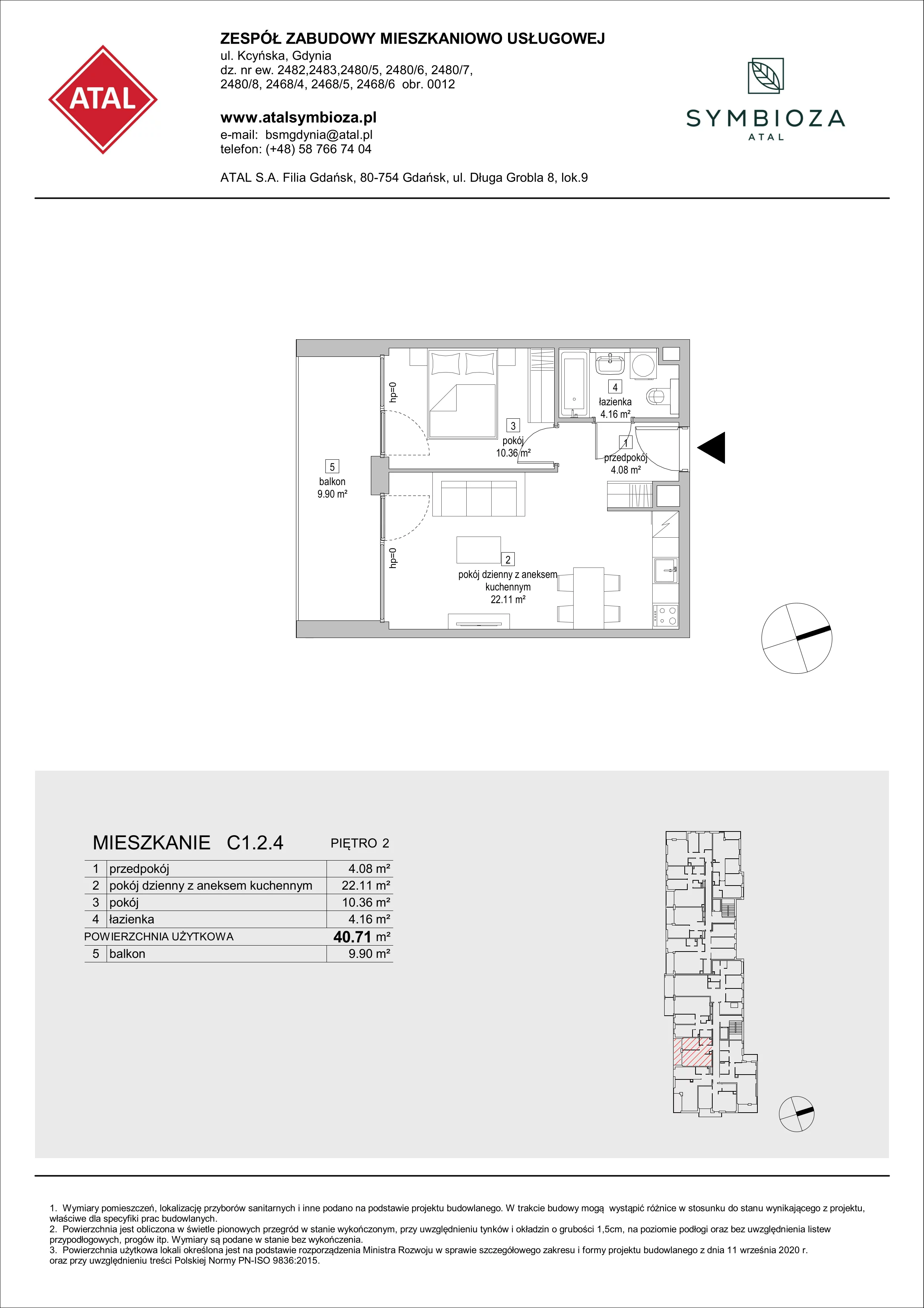 Mieszkanie 40,71 m², piętro 2, oferta nr C1.2.4, ATAL Symbioza, Gdynia, Cisowa, ul. Kcyńska