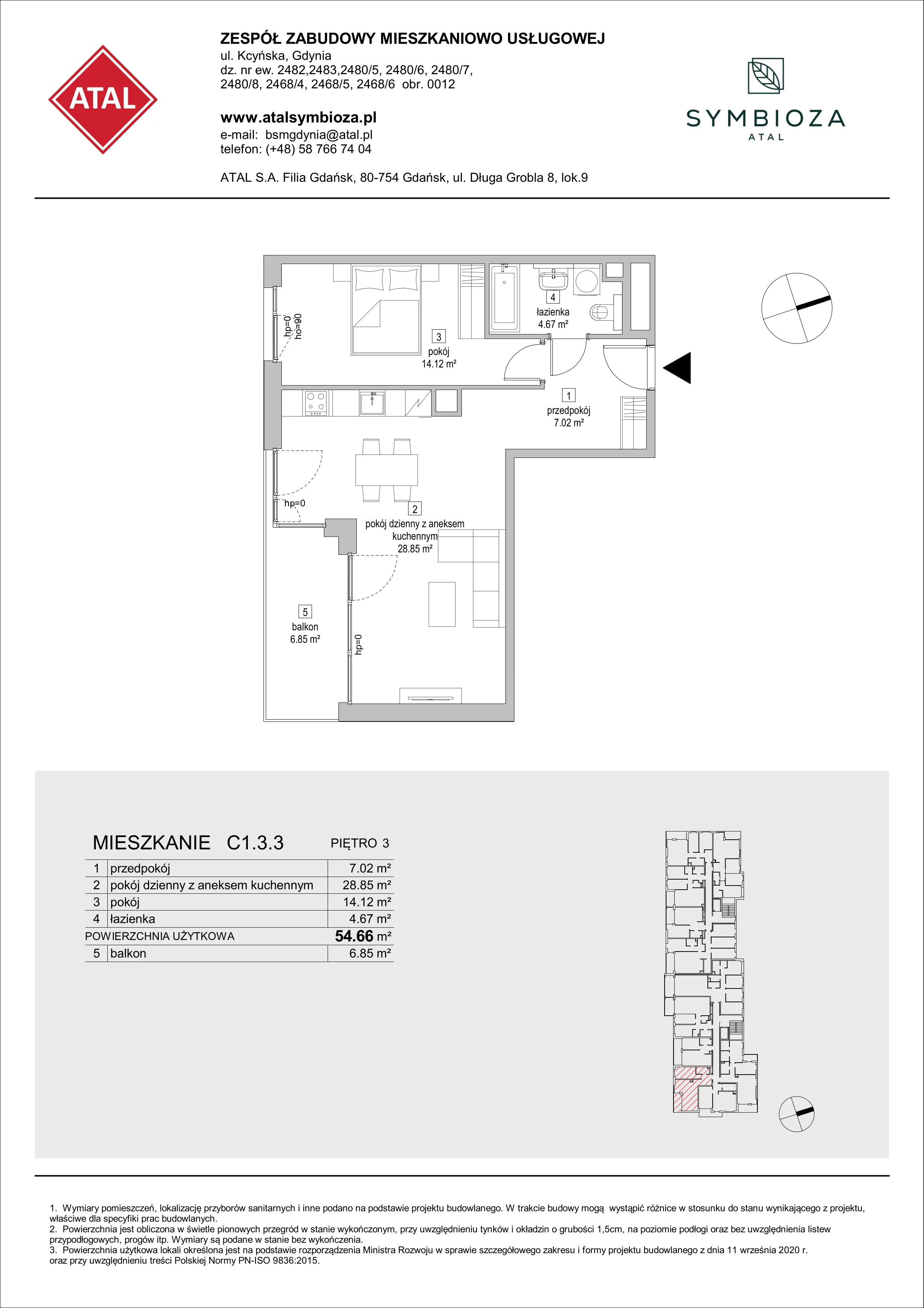 Mieszkanie 54,66 m², piętro 3, oferta nr C1.3.3, ATAL Symbioza, Gdynia, Cisowa, ul. Kcyńska