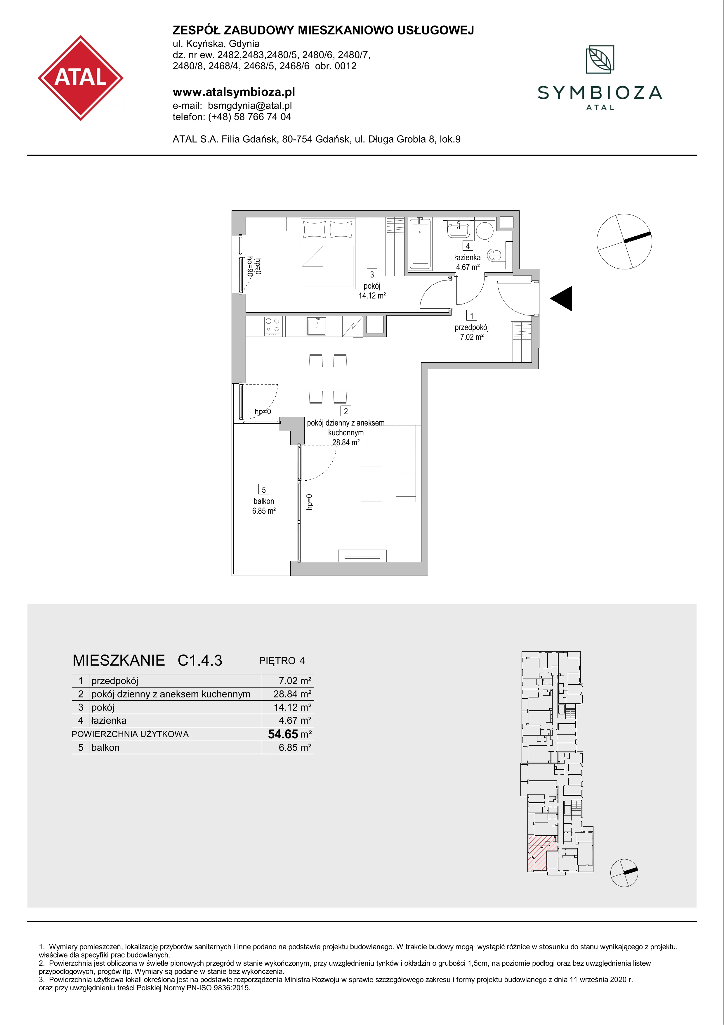 Mieszkanie 54,65 m², piętro 4, oferta nr C1.4.3, ATAL Symbioza, Gdynia, Cisowa, ul. Kcyńska