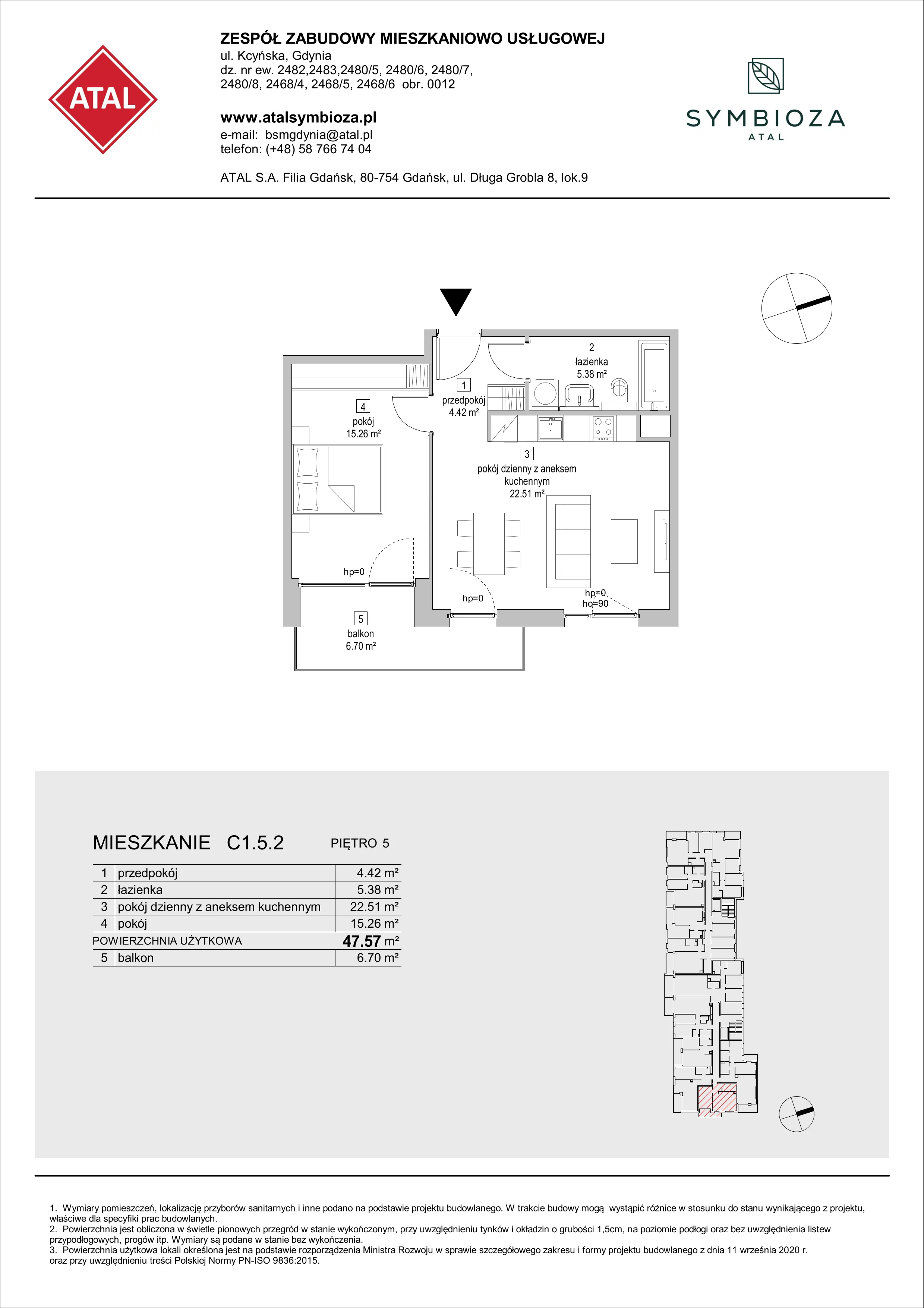 Mieszkanie 47,57 m², piętro 5, oferta nr C1.5.2, ATAL Symbioza, Gdynia, Cisowa, ul. Kcyńska