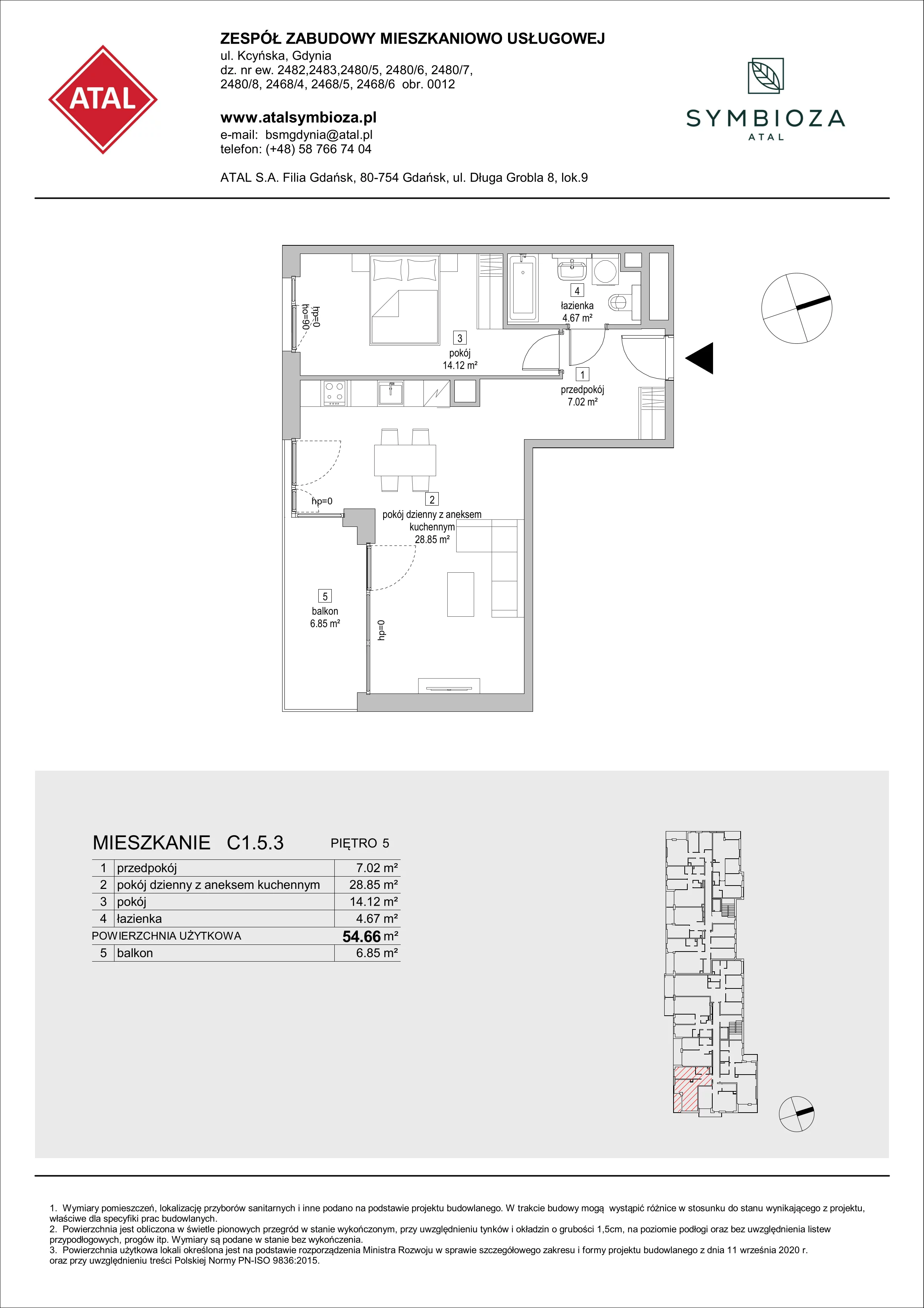 Mieszkanie 54,66 m², piętro 5, oferta nr C1.5.3, ATAL Symbioza, Gdynia, Cisowa, ul. Kcyńska